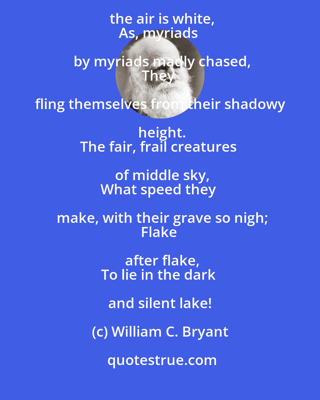 William C. Bryant: Lo! while we are gazing, in swifter haste
Stream down the snows, till the air is white,
As, myriads by myriads madly chased,
They fling themselves from their shadowy height.
The fair, frail creatures of middle sky,
What speed they make, with their grave so nigh;
Flake after flake,
To lie in the dark and silent lake!