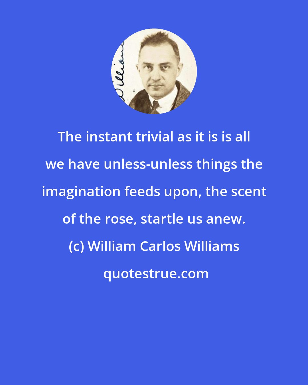 William Carlos Williams: The instant trivial as it is is all we have unless-unless things the imagination feeds upon, the scent of the rose, startle us anew.