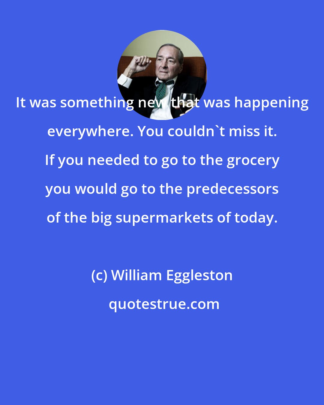 William Eggleston: It was something new that was happening everywhere. You couldn't miss it. If you needed to go to the grocery you would go to the predecessors of the big supermarkets of today.