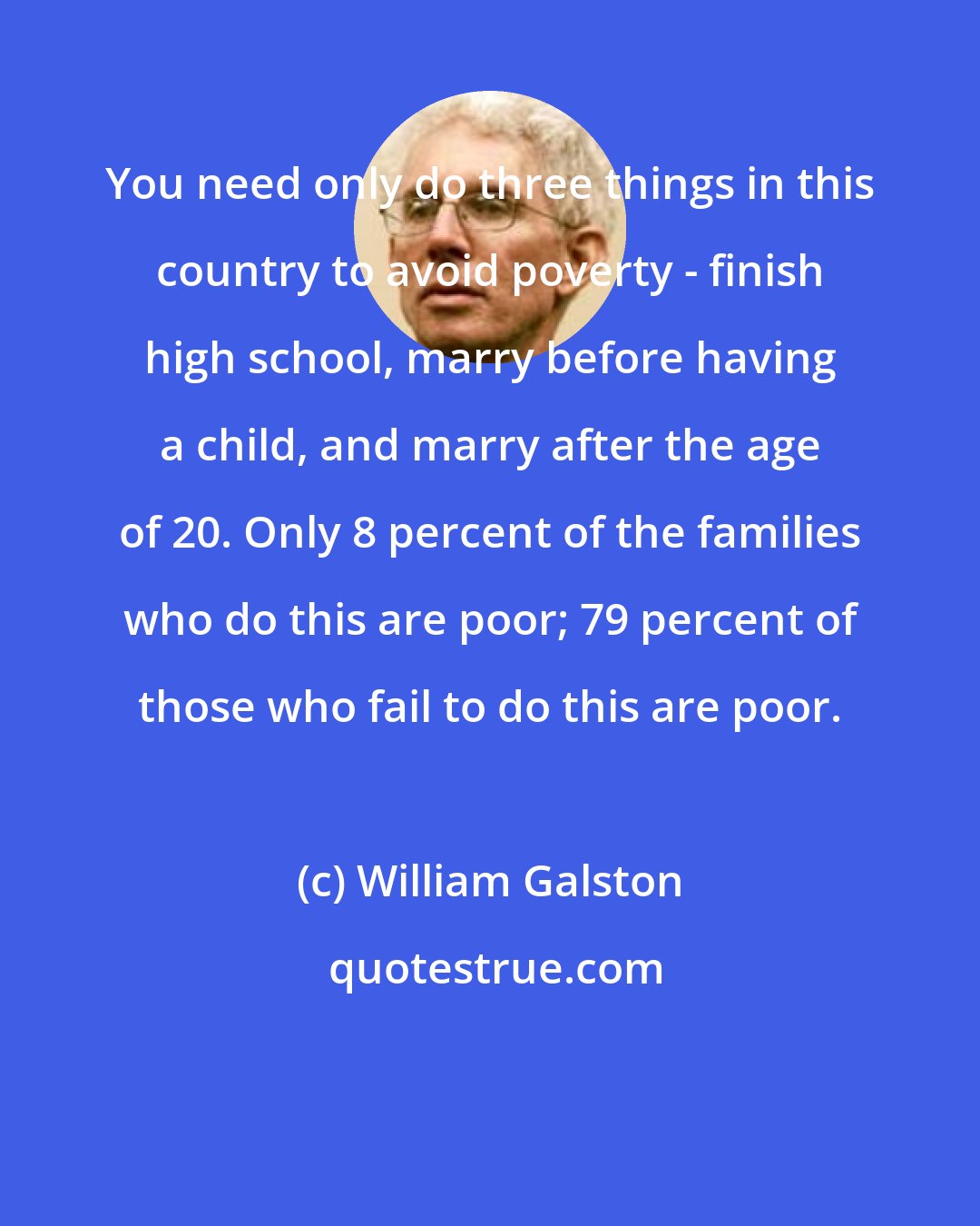 William Galston: You need only do three things in this country to avoid poverty - finish high school, marry before having a child, and marry after the age of 20. Only 8 percent of the families who do this are poor; 79 percent of those who fail to do this are poor.