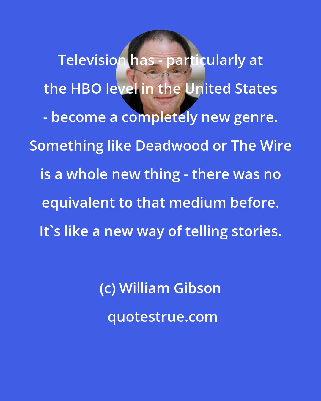 William Gibson: Television has - particularly at the HBO level in the United States - become a completely new genre. Something like Deadwood or The Wire is a whole new thing - there was no equivalent to that medium before. It's like a new way of telling stories.