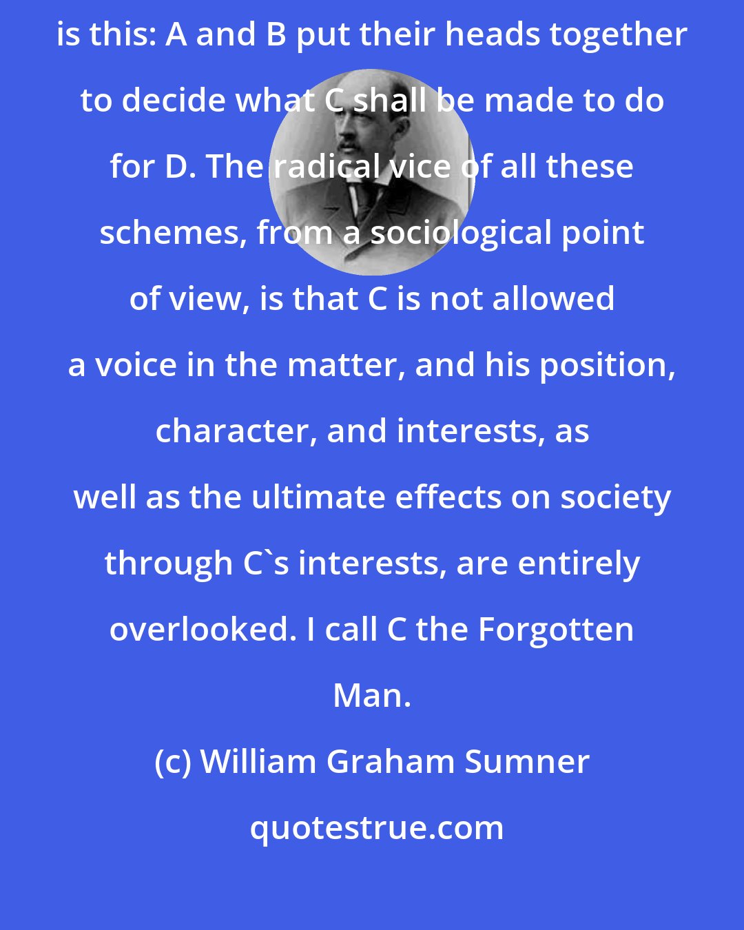 William Graham Sumner: The type and formula of most schemes of philanthropy or humanitarianism is this: A and B put their heads together to decide what C shall be made to do for D. The radical vice of all these schemes, from a sociological point of view, is that C is not allowed a voice in the matter, and his position, character, and interests, as well as the ultimate effects on society through C's interests, are entirely overlooked. I call C the Forgotten Man.