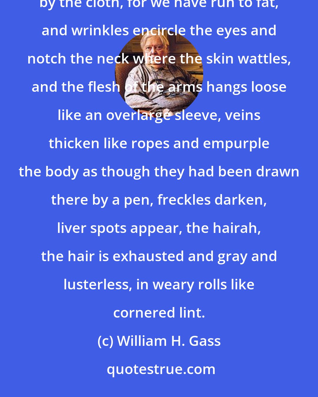 William H. Gass: But the body fails us and the mirror knows, and we no longer insist that the gray hush be carried off its surface by the cloth, for we have run to fat, and wrinkles encircle the eyes and notch the neck where the skin wattles, and the flesh of the arms hangs loose like an overlarge sleeve, veins thicken like ropes and empurple the body as though they had been drawn there by a pen, freckles darken, liver spots appear, the hairah, the hair is exhausted and gray and lusterless, in weary rolls like cornered lint.