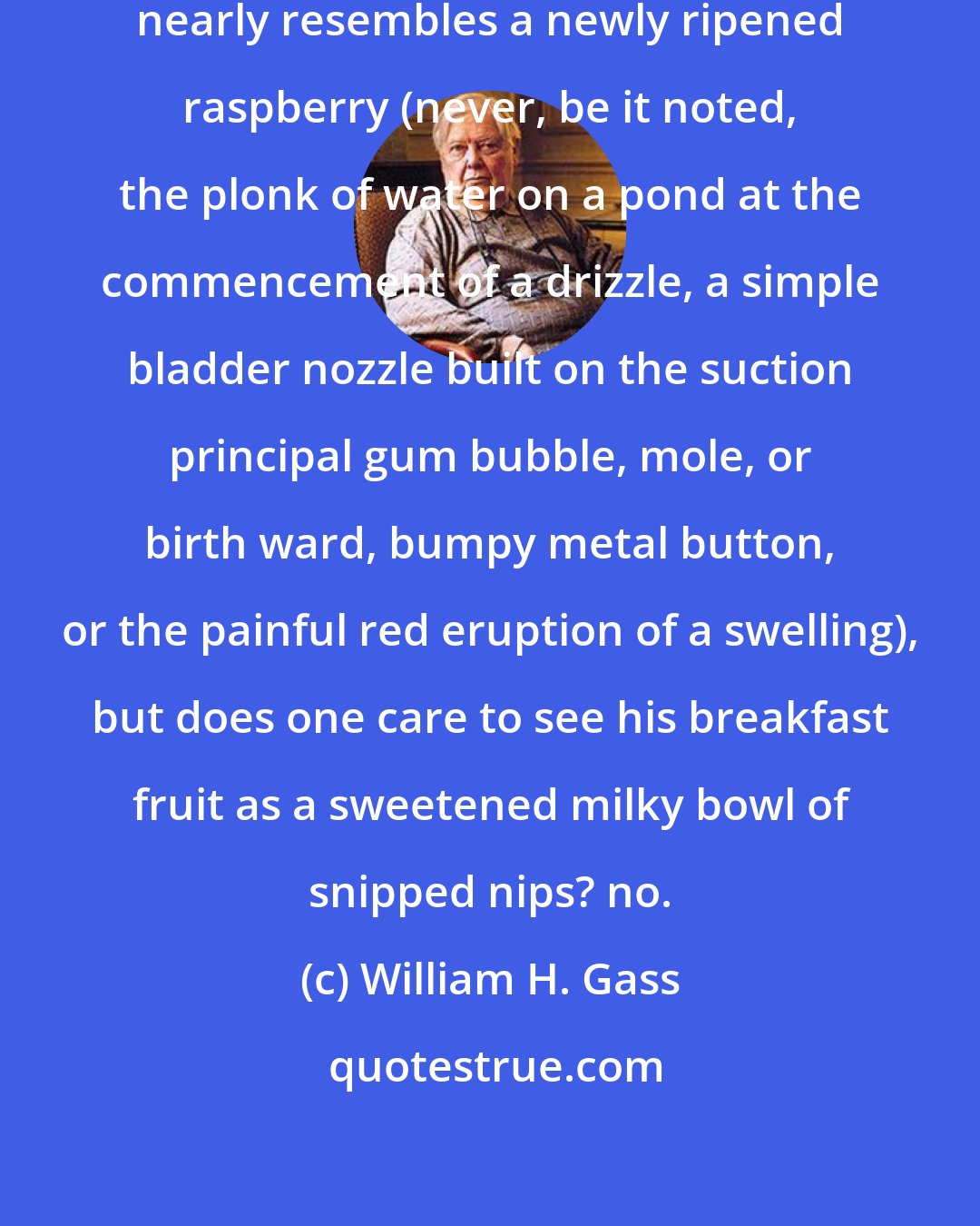 William H. Gass: One may decide that the nipple most nearly resembles a newly ripened raspberry (never, be it noted, the plonk of water on a pond at the commencement of a drizzle, a simple bladder nozzle built on the suction principal gum bubble, mole, or birth ward, bumpy metal button, or the painful red eruption of a swelling), but does one care to see his breakfast fruit as a sweetened milky bowl of snipped nips? no.