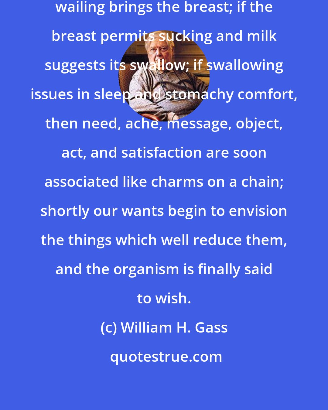 William H. Gass: So if hunger provokes wailing and wailing brings the breast; if the breast permits sucking and milk suggests its swallow; if swallowing issues in sleep and stomachy comfort, then need, ache, message, object, act, and satisfaction are soon associated like charms on a chain; shortly our wants begin to envision the things which well reduce them, and the organism is finally said to wish.