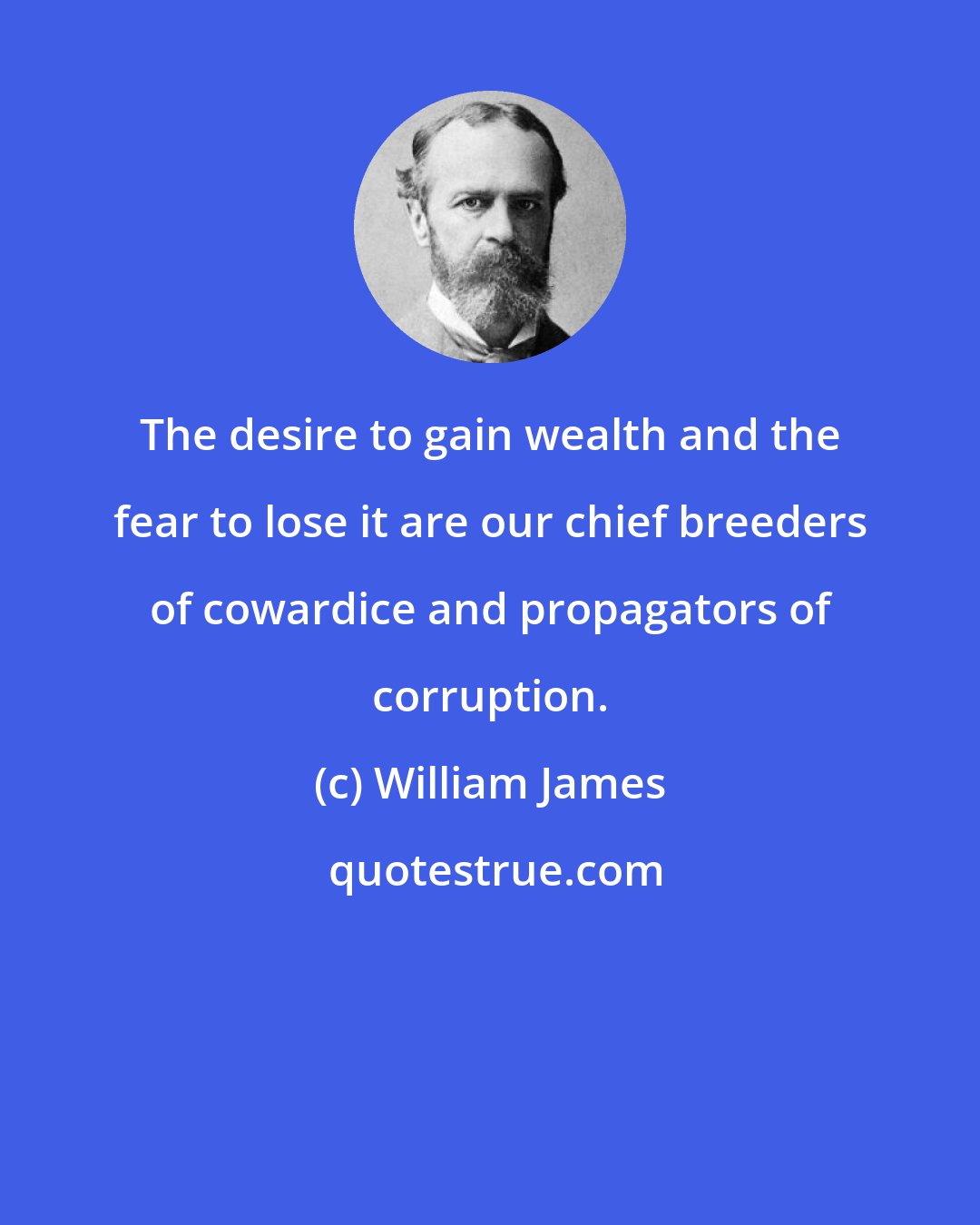 William James: The desire to gain wealth and the fear to lose it are our chief breeders of cowardice and propagators of corruption.