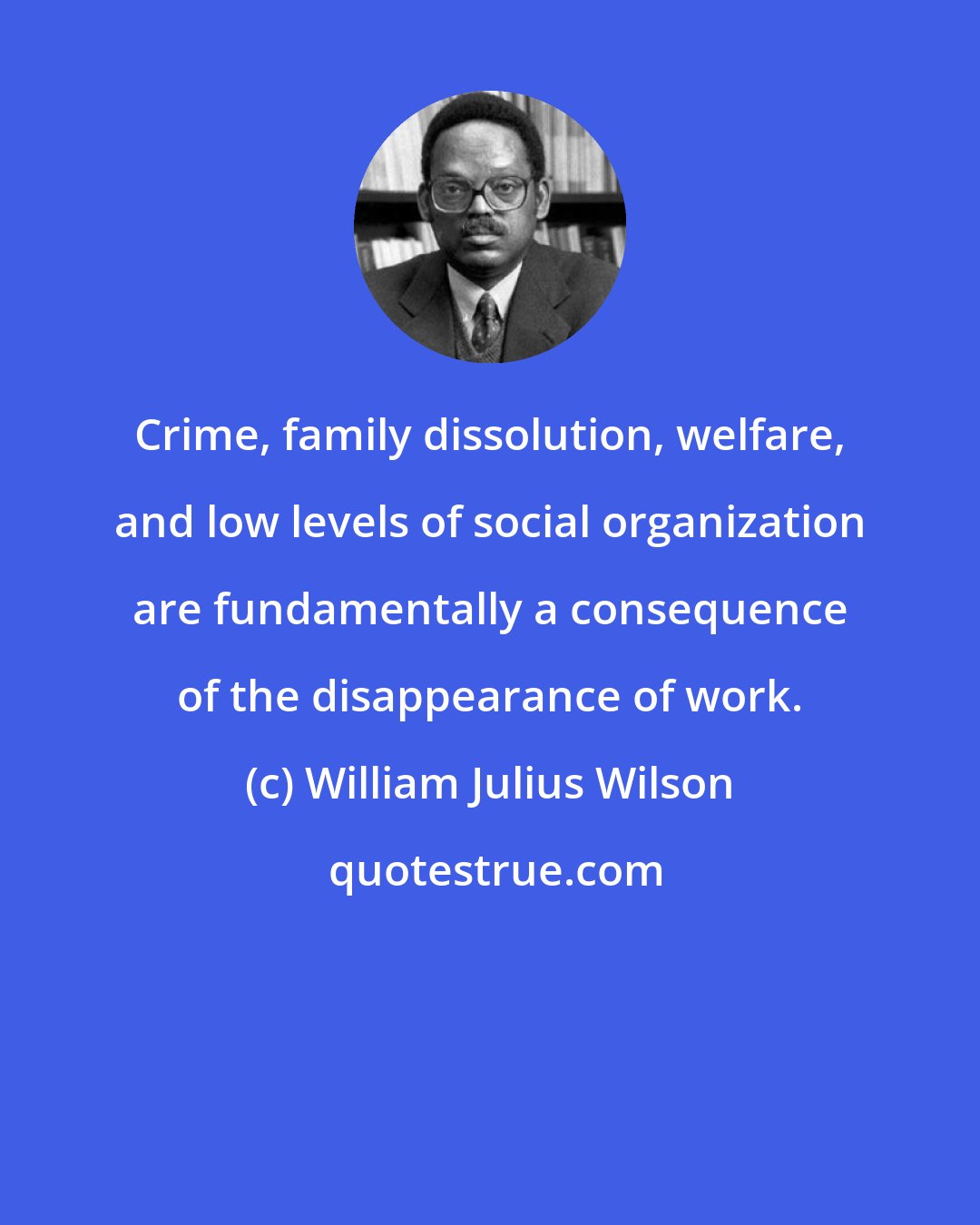 William Julius Wilson: Crime, family dissolution, welfare, and low levels of social organization are fundamentally a consequence of the disappearance of work.