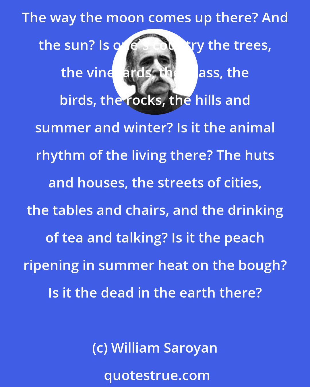 William Saroyan: My birthplace was California, but I couldn't forget Armenia, so what is one's country? Is it land of the earth, in a specific place? Rivers there? Lakes? The sky there? The way the moon comes up there? And the sun? Is one's country the trees, the vineyards, the grass, the birds, the rocks, the hills and summer and winter? Is it the animal rhythm of the living there? The huts and houses, the streets of cities, the tables and chairs, and the drinking of tea and talking? Is it the peach ripening in summer heat on the bough? Is it the dead in the earth there?
