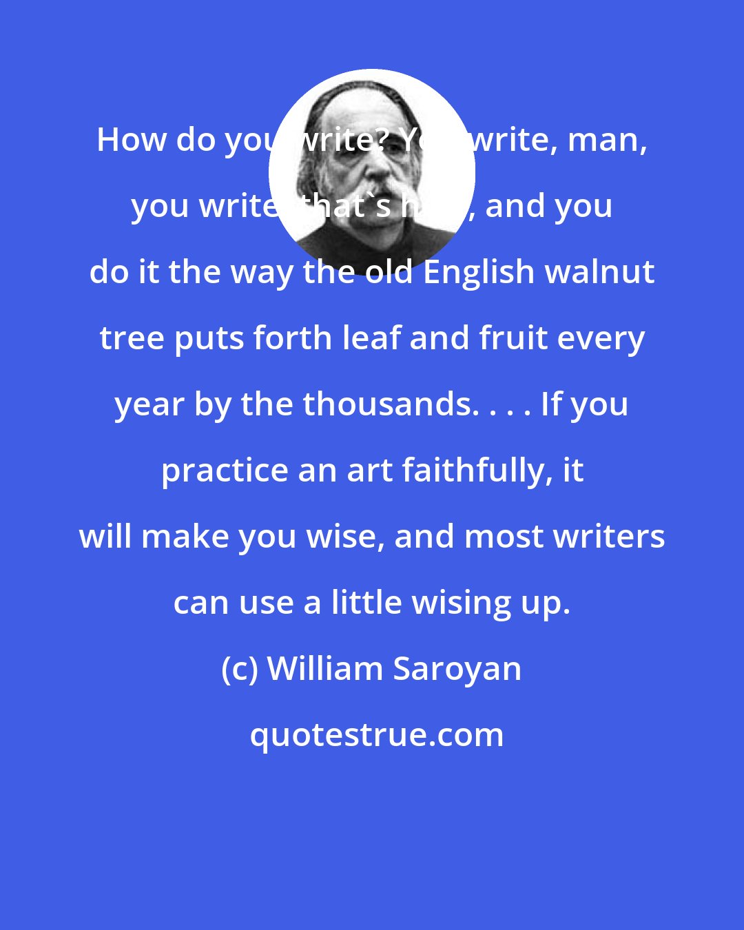 William Saroyan: How do you write? You write, man, you write, that's how, and you do it the way the old English walnut tree puts forth leaf and fruit every year by the thousands. . . . If you practice an art faithfully, it will make you wise, and most writers can use a little wising up.