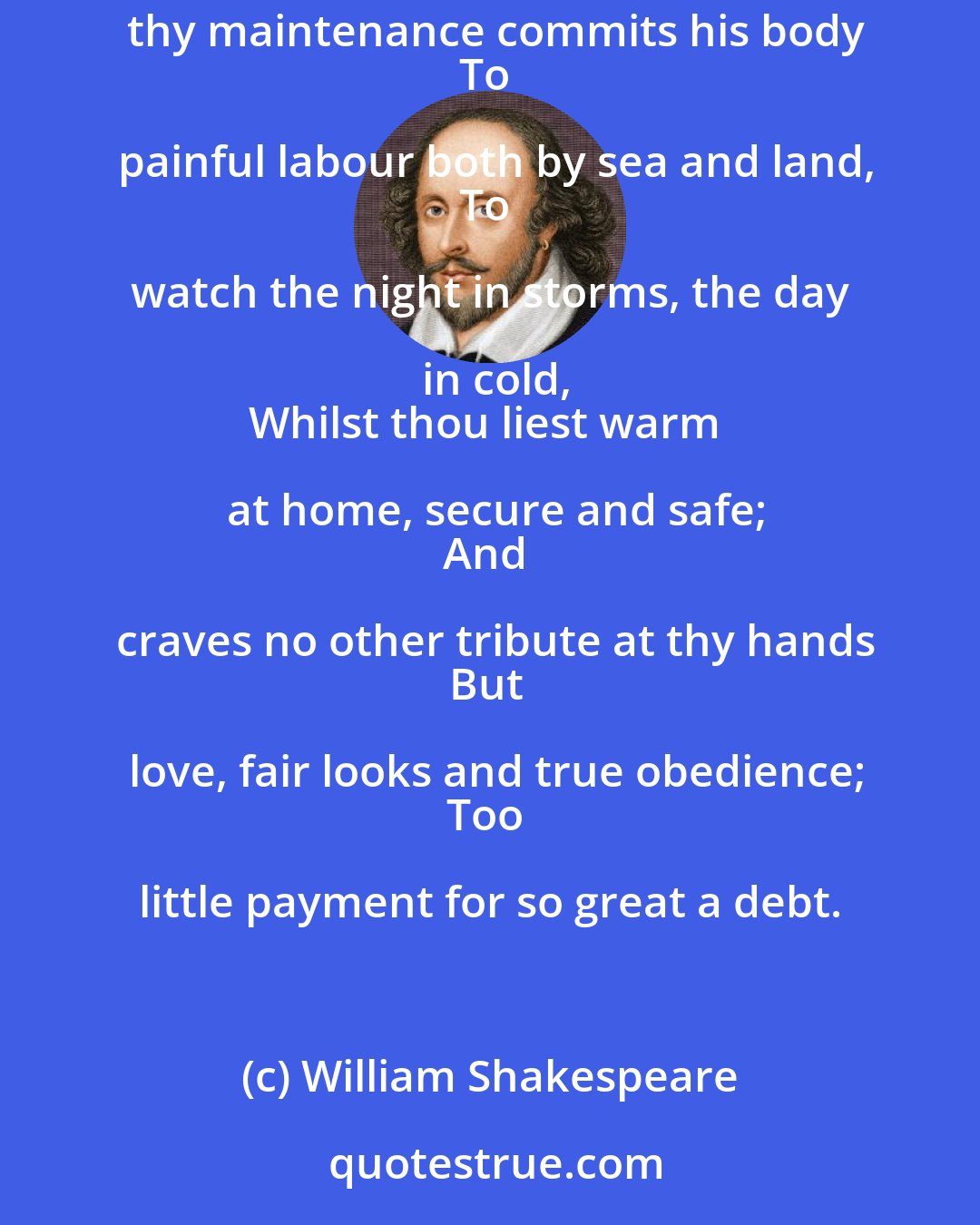 William Shakespeare: Thy husband is thy lord, thy life, thy keeper,
Thy head, thy sovereign; one that cares for thee,
And for thy maintenance commits his body
To painful labour both by sea and land,
To watch the night in storms, the day in cold,
Whilst thou liest warm at home, secure and safe;
And craves no other tribute at thy hands
But love, fair looks and true obedience;
Too little payment for so great a debt.