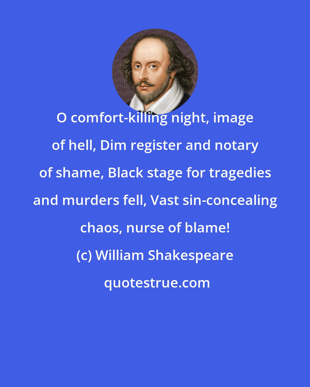 William Shakespeare: O comfort-killing night, image of hell, Dim register and notary of shame, Black stage for tragedies and murders fell, Vast sin-concealing chaos, nurse of blame!