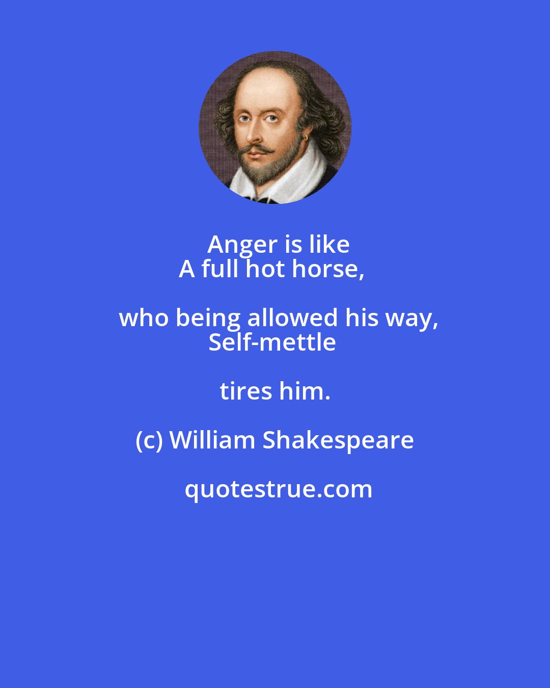 William Shakespeare: Anger is like
A full hot horse, who being allowed his way,
Self-mettle tires him.