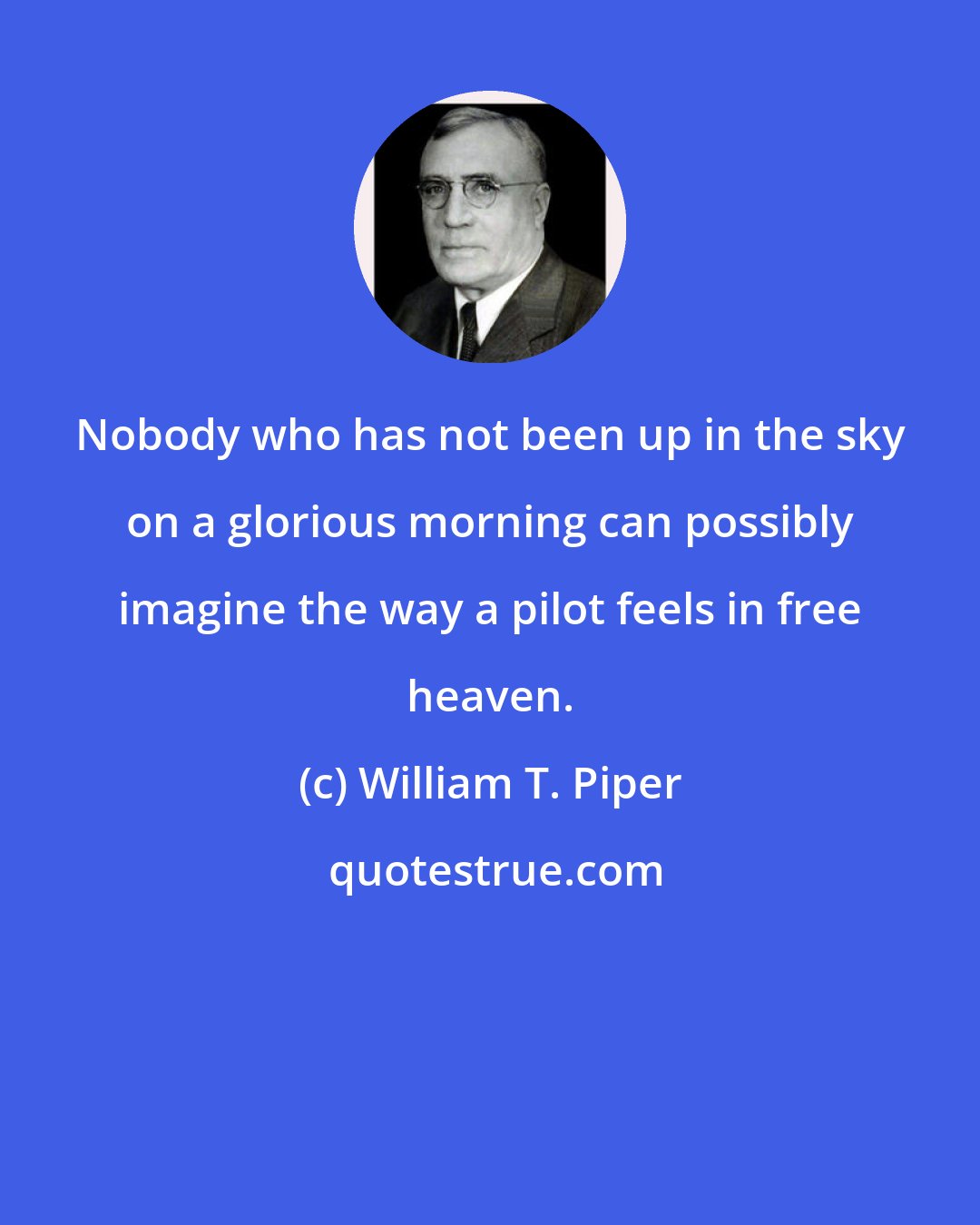 William T. Piper: Nobody who has not been up in the sky on a glorious morning can possibly imagine the way a pilot feels in free heaven.