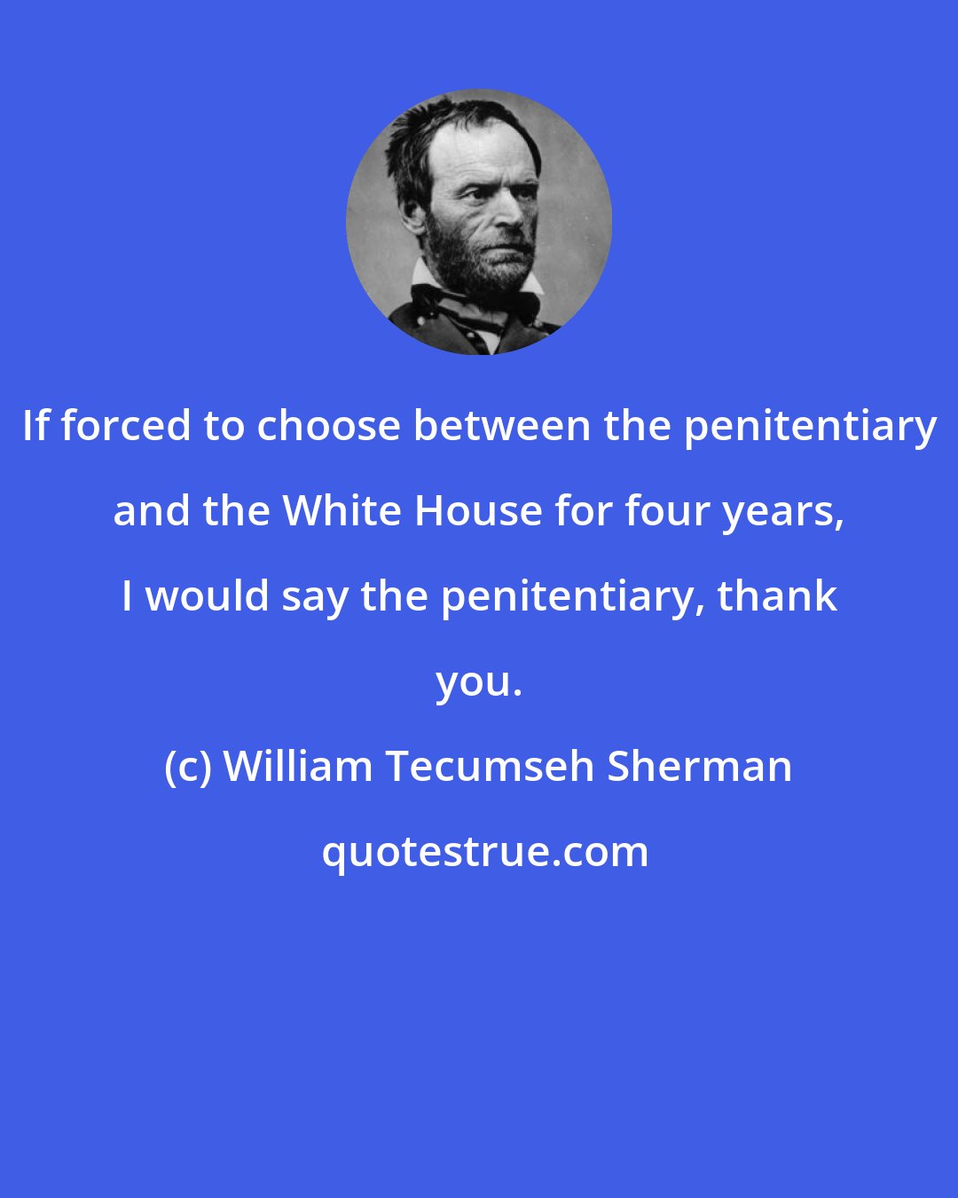 William Tecumseh Sherman: If forced to choose between the penitentiary and the White House for four years, I would say the penitentiary, thank you.