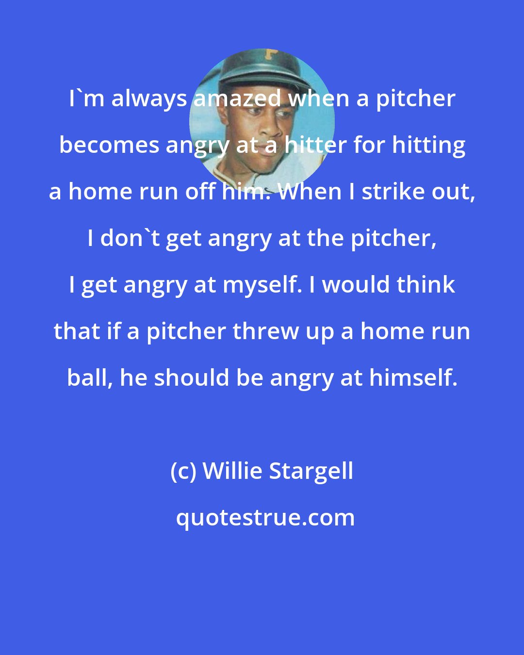 Willie Stargell: I'm always amazed when a pitcher becomes angry at a hitter for hitting a home run off him. When I strike out, I don't get angry at the pitcher, I get angry at myself. I would think that if a pitcher threw up a home run ball, he should be angry at himself.