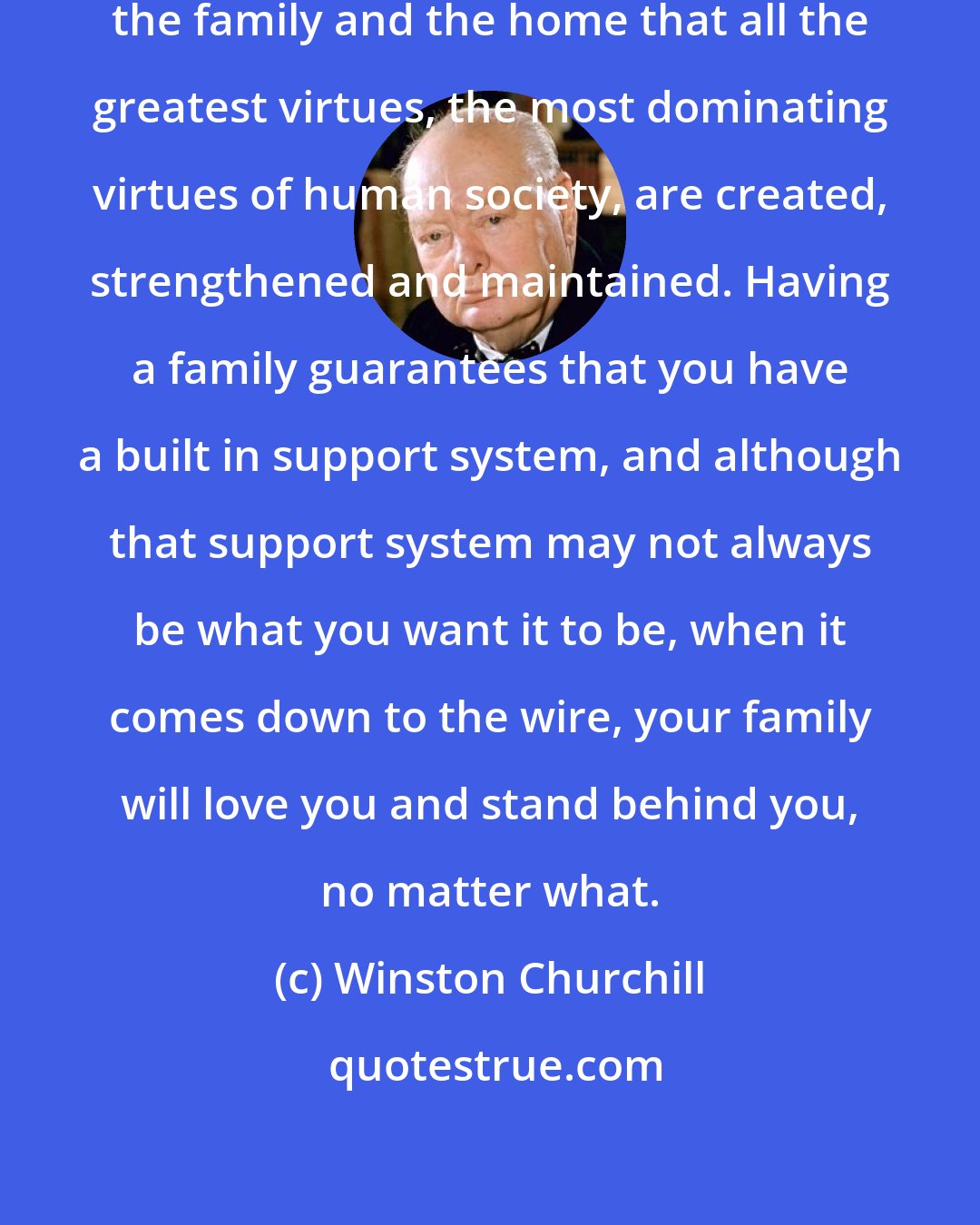 Winston Churchill: There is no doubt that it is around the family and the home that all the greatest virtues, the most dominating virtues of human society, are created, strengthened and maintained. Having a family guarantees that you have a built in support system, and although that support system may not always be what you want it to be, when it comes down to the wire, your family will love you and stand behind you, no matter what.