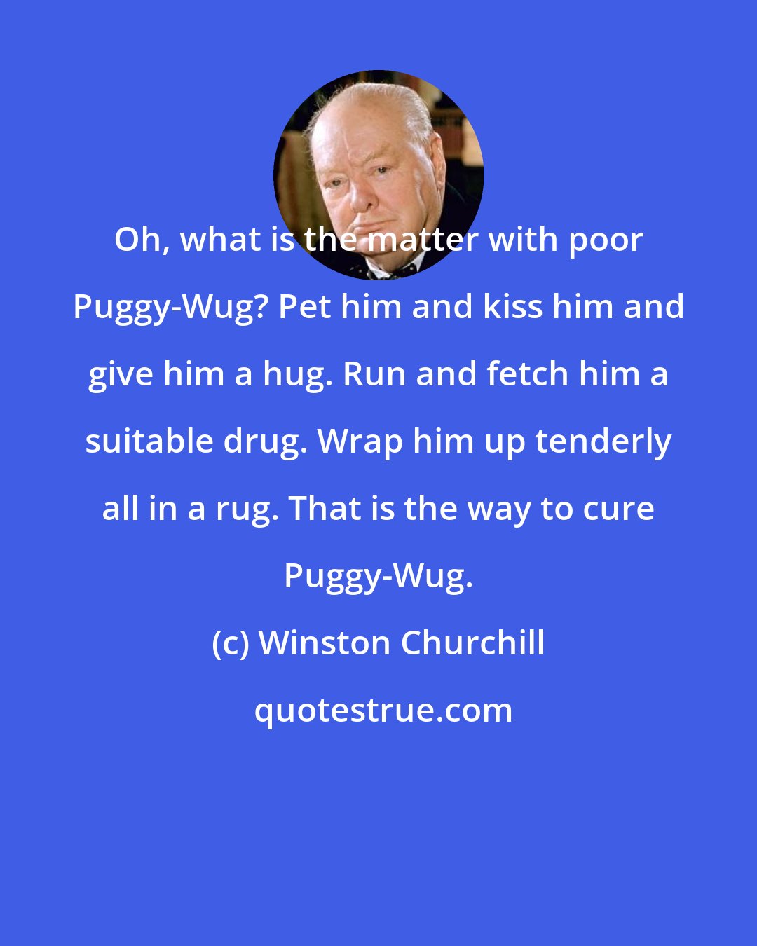 Winston Churchill: Oh, what is the matter with poor Puggy-Wug? Pet him and kiss him and give him a hug. Run and fetch him a suitable drug. Wrap him up tenderly all in a rug. That is the way to cure Puggy-Wug.