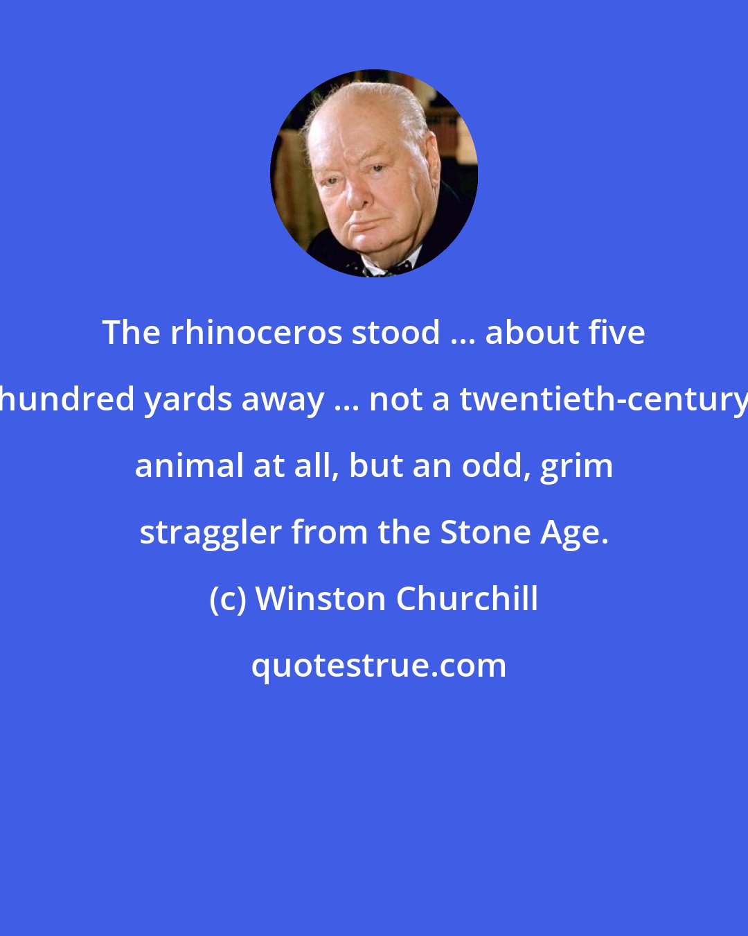Winston Churchill: The rhinoceros stood ... about five hundred yards away ... not a twentieth-century animal at all, but an odd, grim straggler from the Stone Age.