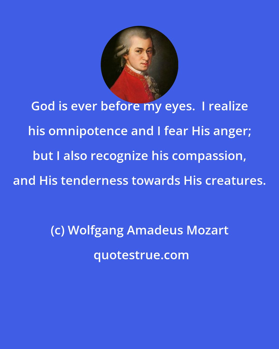 Wolfgang Amadeus Mozart: God is ever before my eyes.  I realize his omnipotence and I fear His anger; but I also recognize his compassion, and His tenderness towards His creatures.