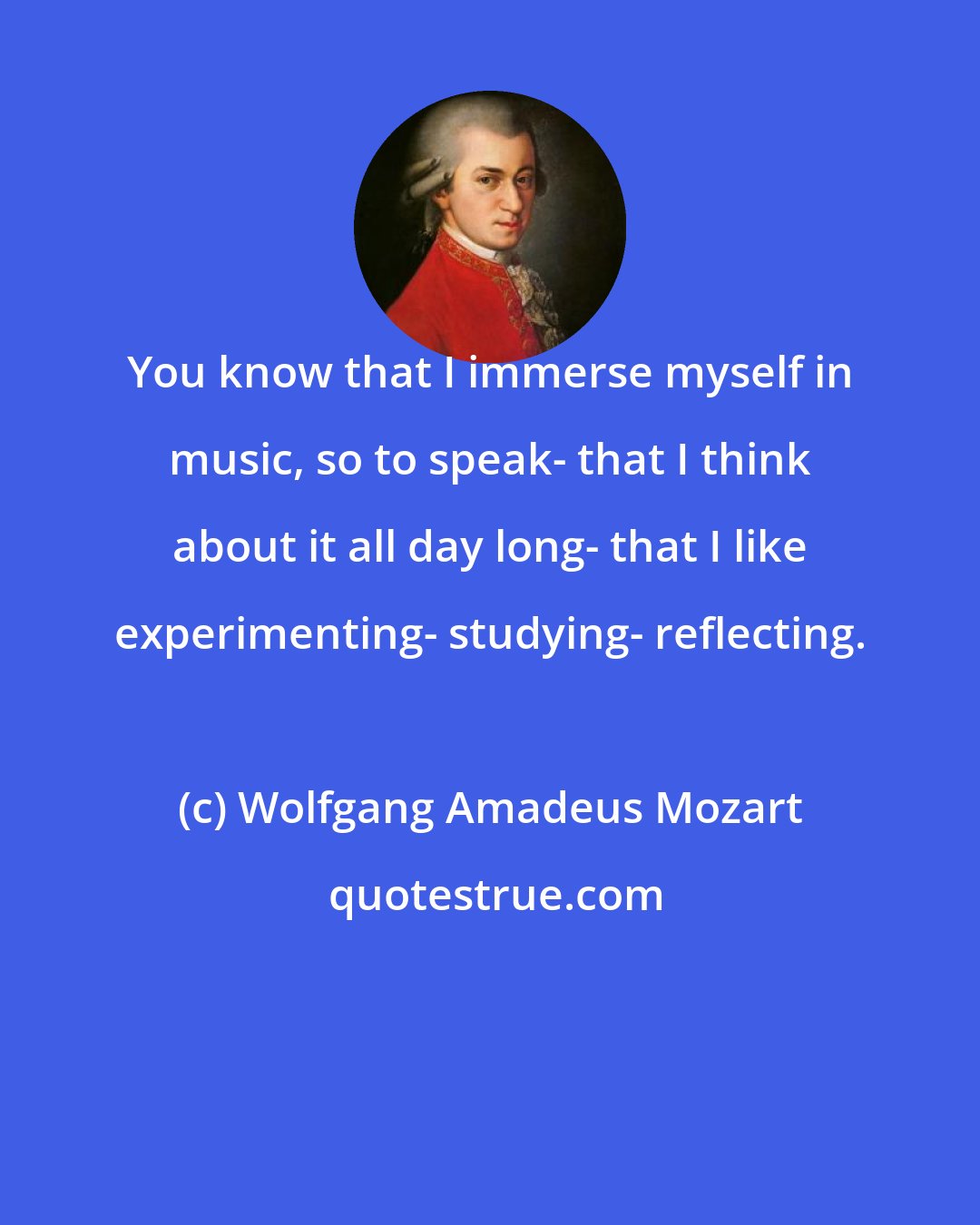 Wolfgang Amadeus Mozart: You know that I immerse myself in music, so to speak- that I think about it all day long- that I like experimenting- studying- reflecting.