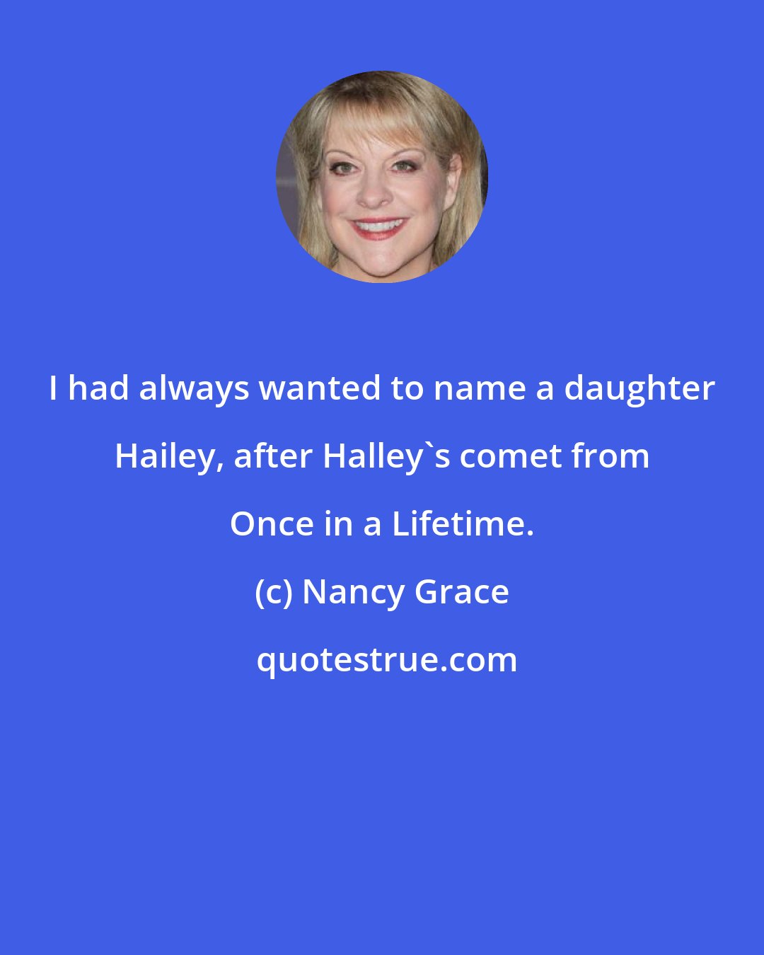 Nancy Grace: I had always wanted to name a daughter Hailey, after Halley's comet from Once in a Lifetime.