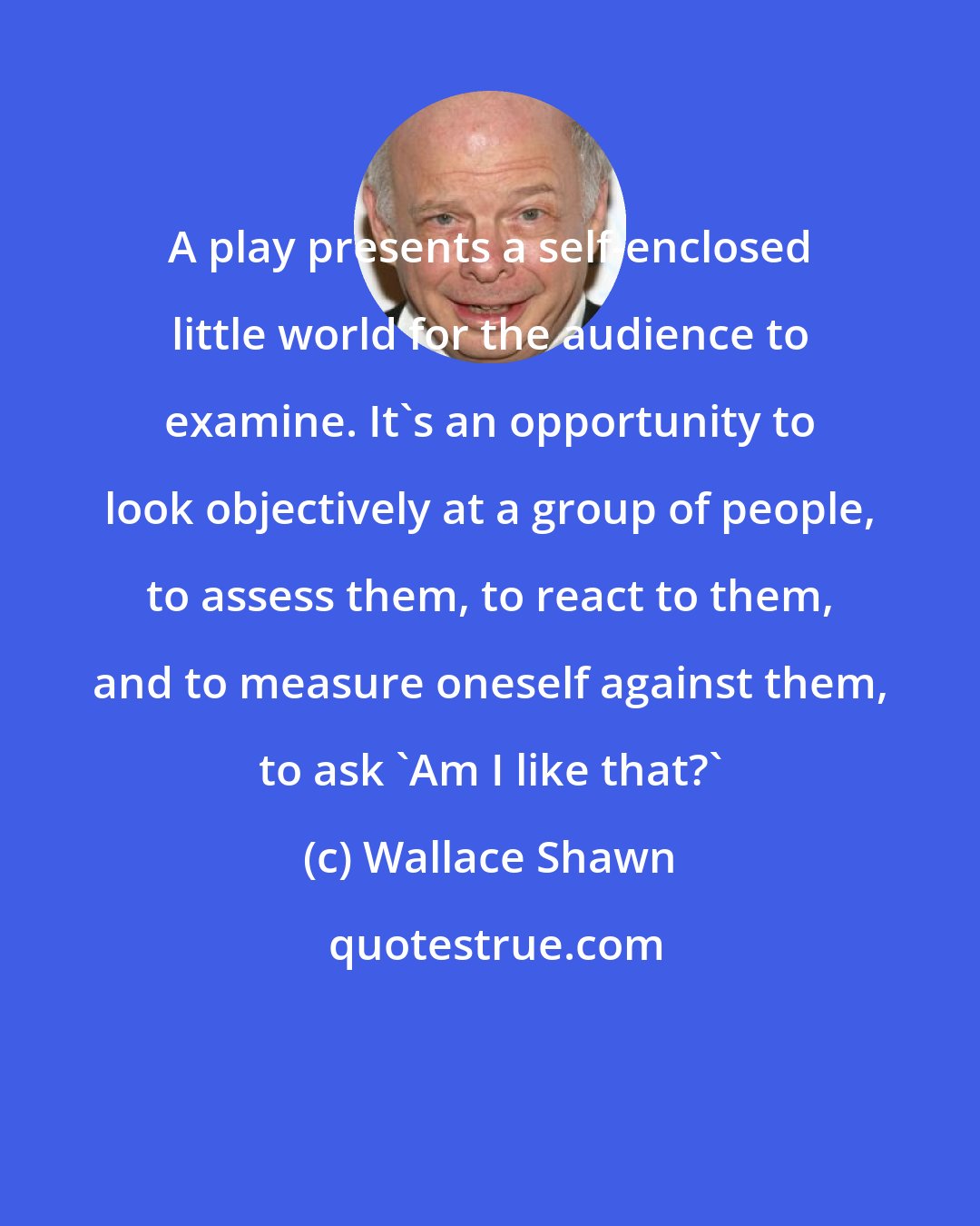 Wallace Shawn: A play presents a self-enclosed little world for the audience to examine. It's an opportunity to look objectively at a group of people, to assess them, to react to them, and to measure oneself against them, to ask 'Am I like that?'