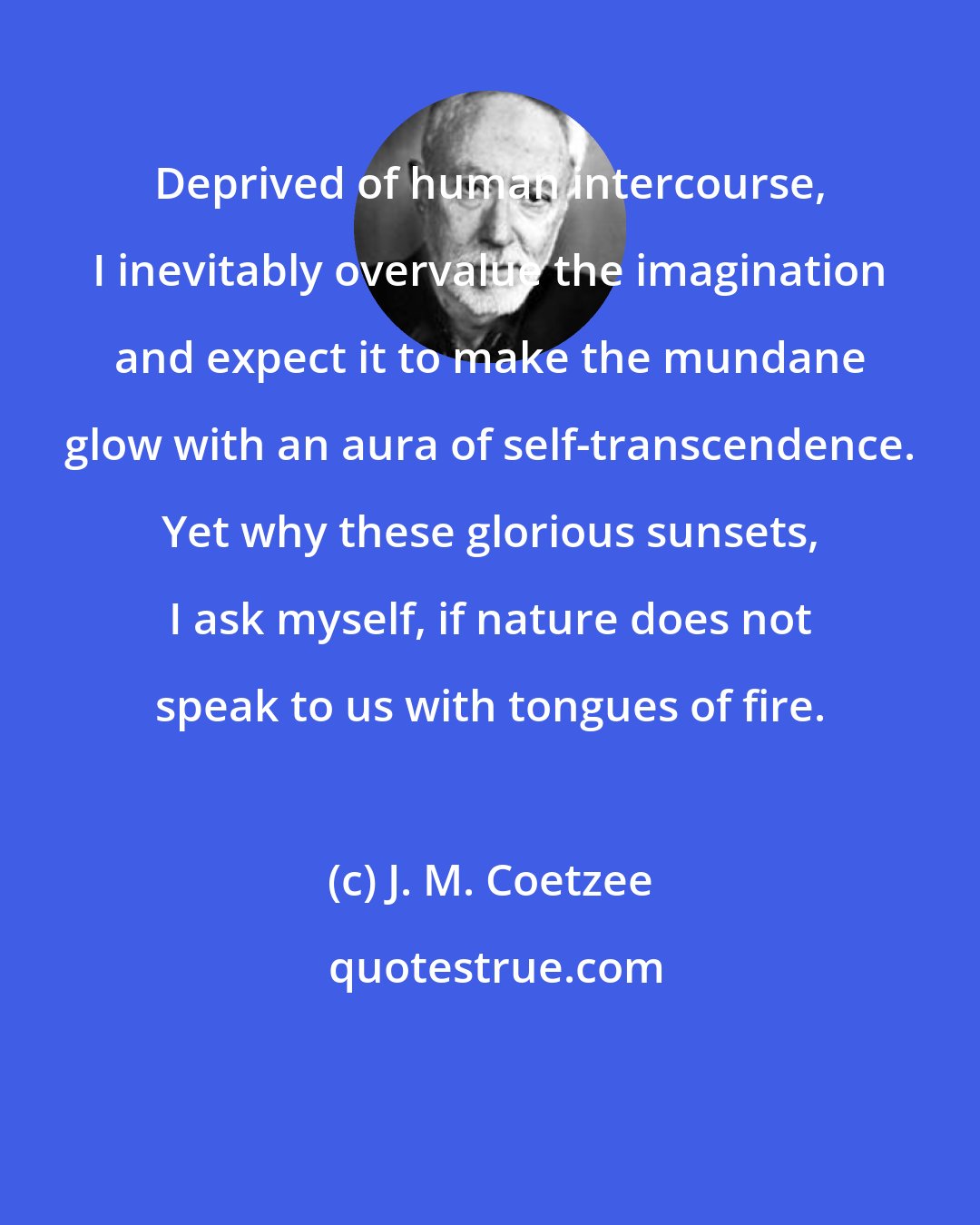 J. M. Coetzee: Deprived of human intercourse, I inevitably overvalue the imagination and expect it to make the mundane glow with an aura of self-transcendence. Yet why these glorious sunsets, I ask myself, if nature does not speak to us with tongues of fire.