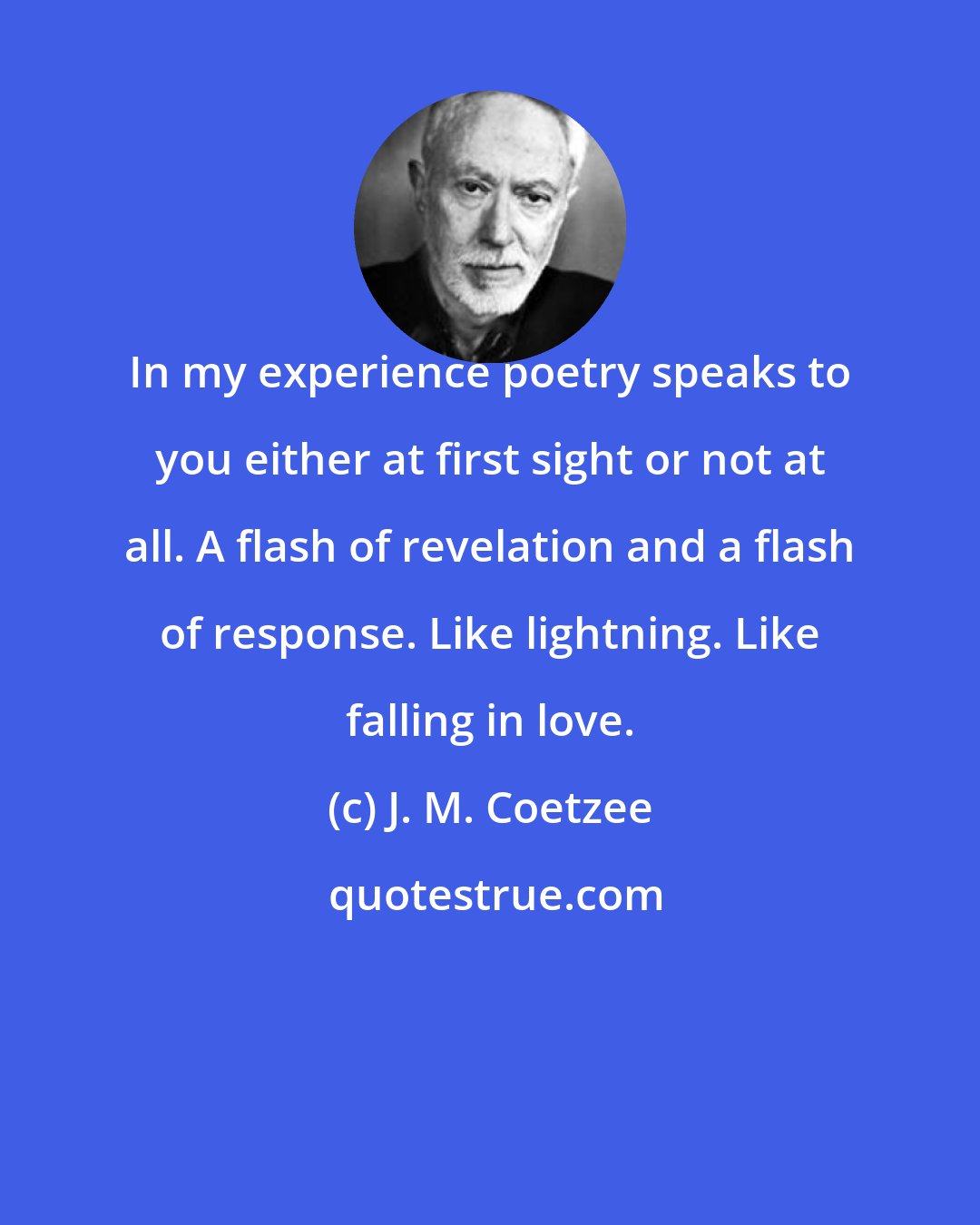 J. M. Coetzee: In my experience poetry speaks to you either at first sight or not at all. A flash of revelation and a flash of response. Like lightning. Like falling in love.