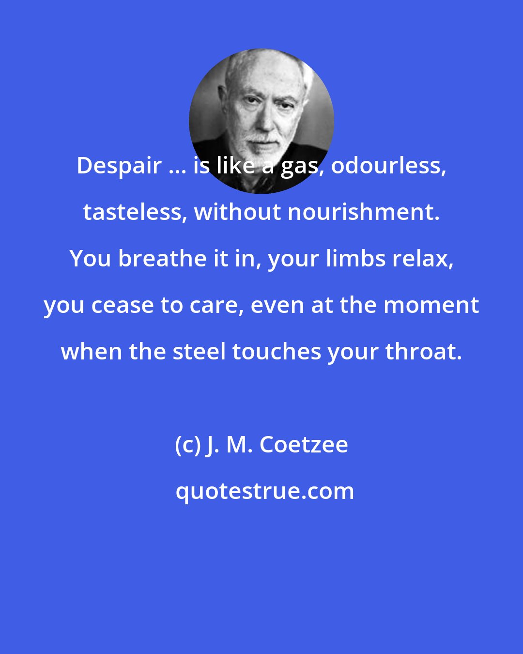 J. M. Coetzee: Despair ... is like a gas, odourless, tasteless, without nourishment. You breathe it in, your limbs relax, you cease to care, even at the moment when the steel touches your throat.