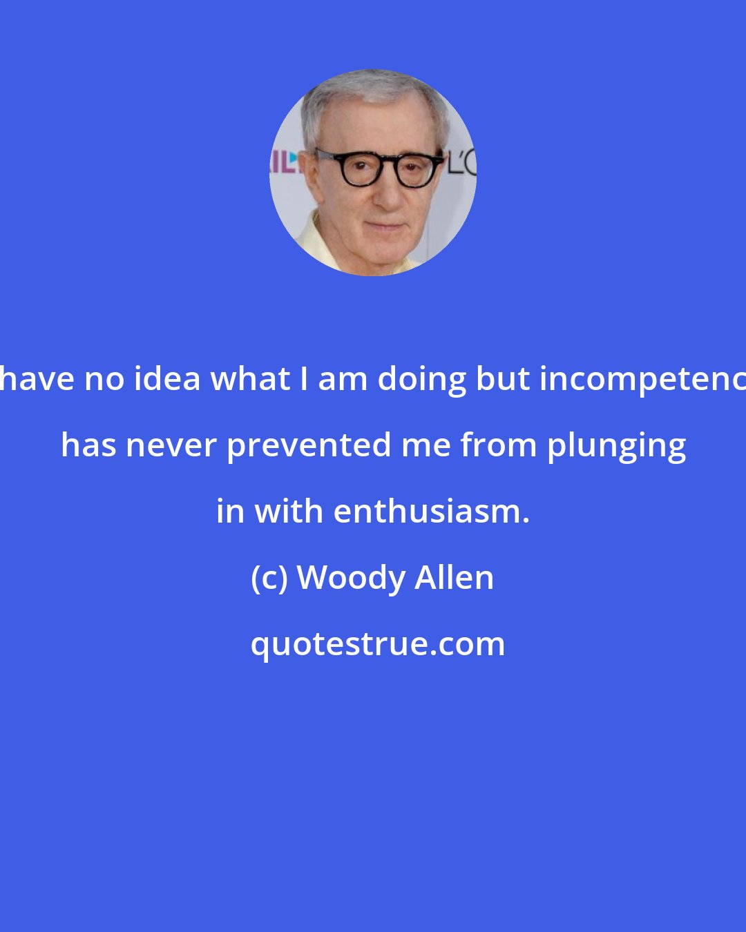 Woody Allen: I have no idea what I am doing but incompetence has never prevented me from plunging in with enthusiasm.