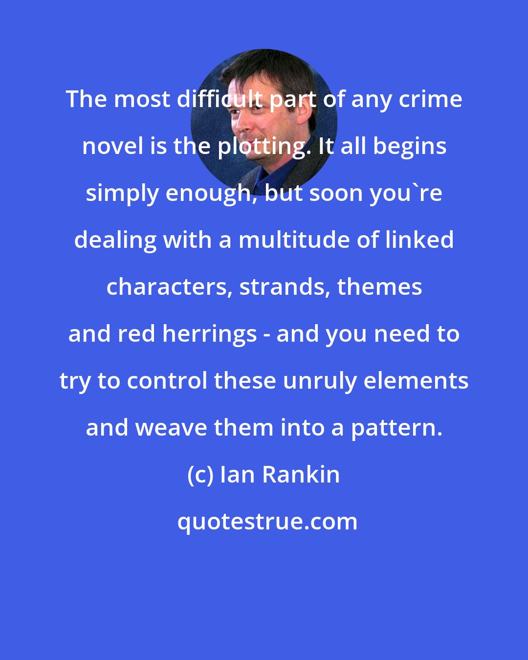 Ian Rankin: The most difficult part of any crime novel is the plotting. It all begins simply enough, but soon you're dealing with a multitude of linked characters, strands, themes and red herrings - and you need to try to control these unruly elements and weave them into a pattern.