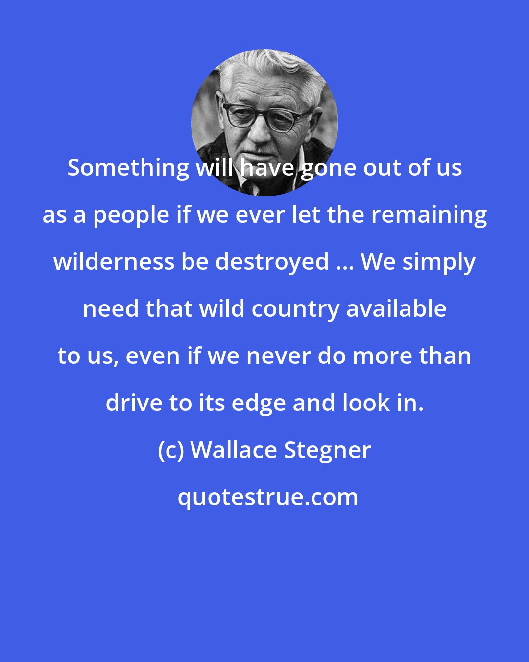 Wallace Stegner: Something will have gone out of us as a people if we ever let the remaining wilderness be destroyed ... We simply need that wild country available to us, even if we never do more than drive to its edge and look in.