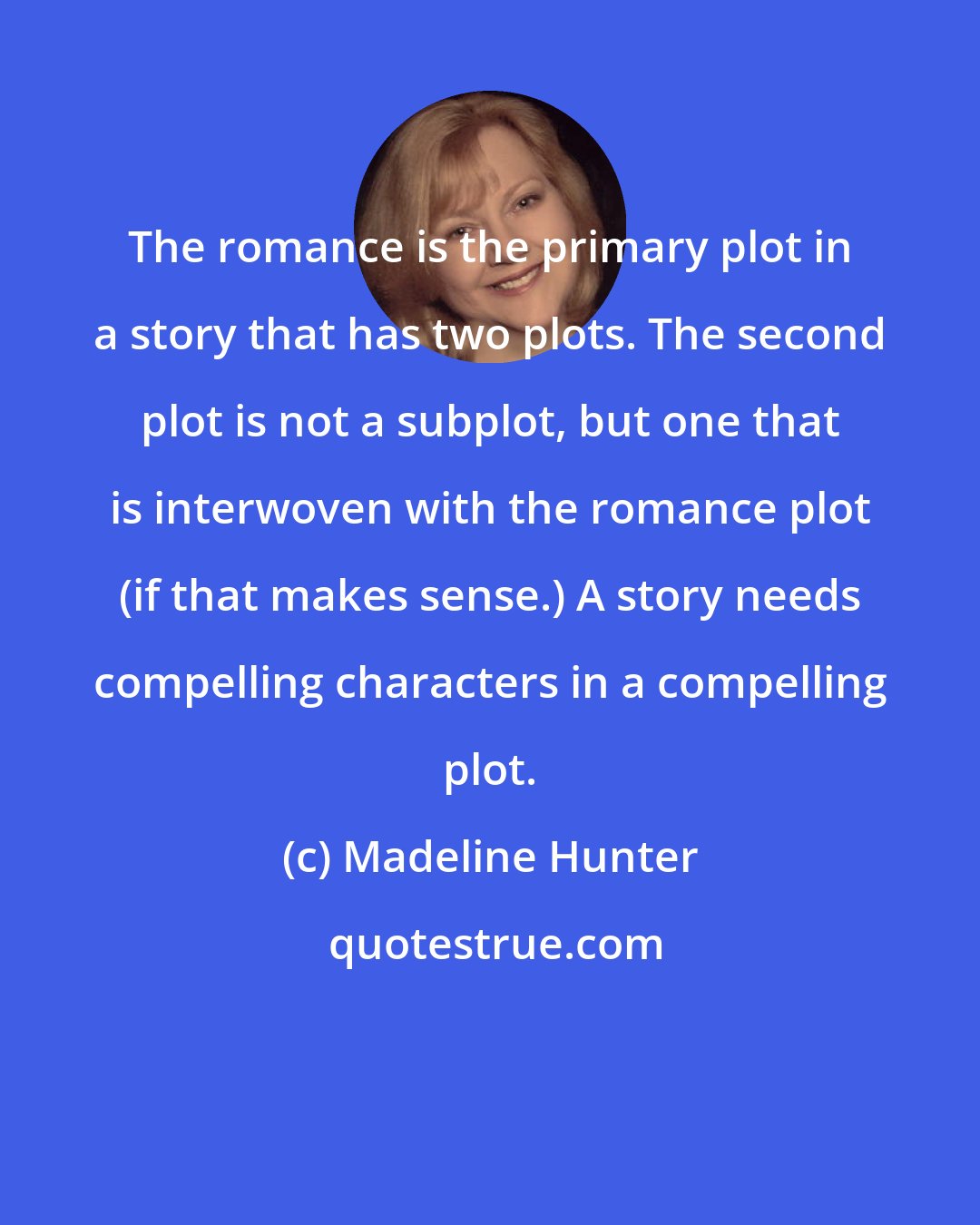 Madeline Hunter: The romance is the primary plot in a story that has two plots. The second plot is not a subplot, but one that is interwoven with the romance plot (if that makes sense.) A story needs compelling characters in a compelling plot.