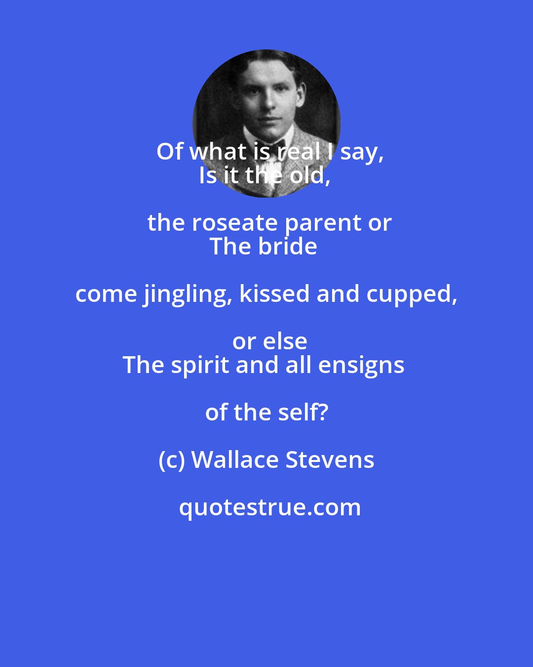 Wallace Stevens: Of what is real I say,
Is it the old, the roseate parent or
The bride come jingling, kissed and cupped, or else
The spirit and all ensigns of the self?