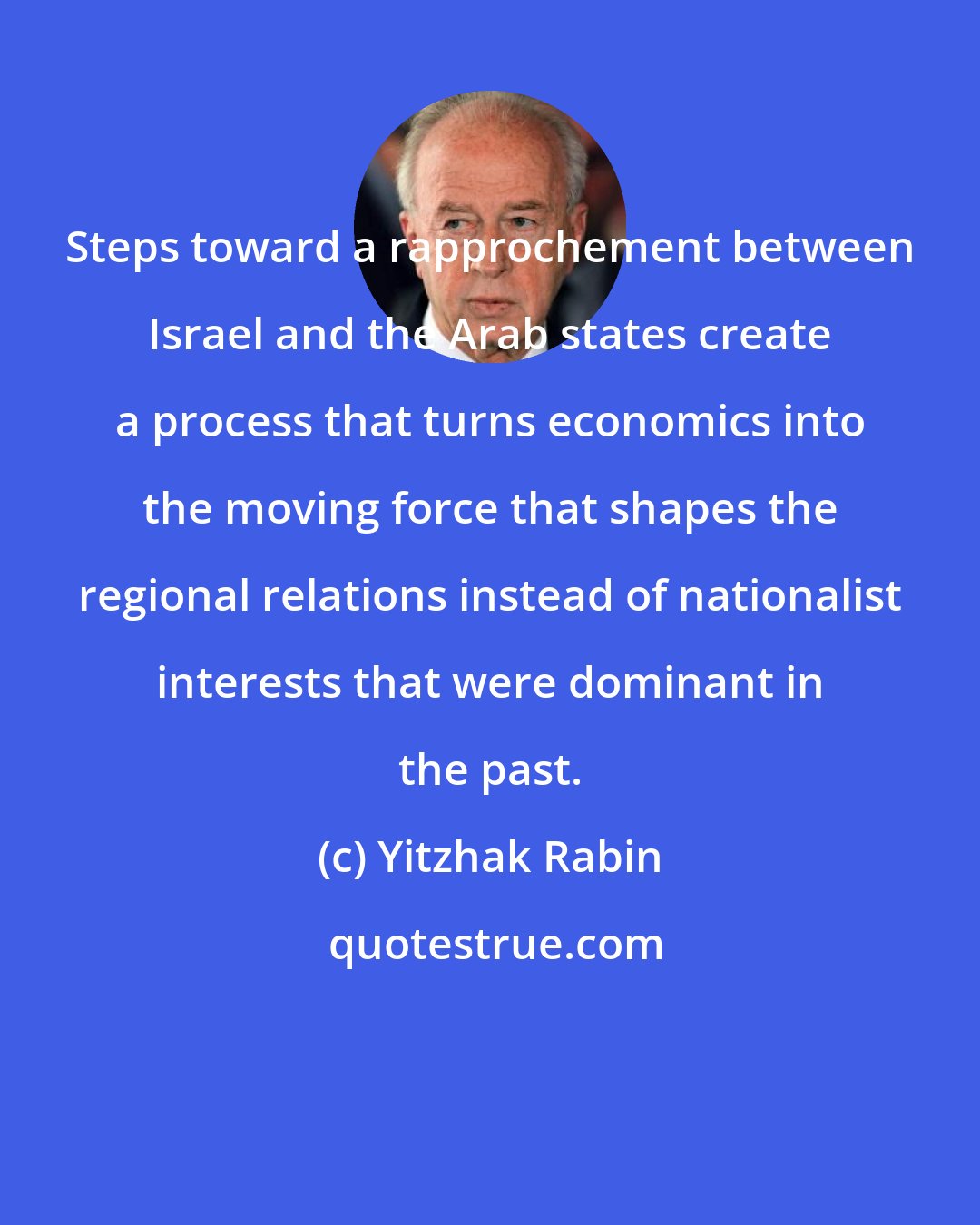 Yitzhak Rabin: Steps toward a rapprochement between Israel and the Arab states create a process that turns economics into the moving force that shapes the regional relations instead of nationalist interests that were dominant in the past.