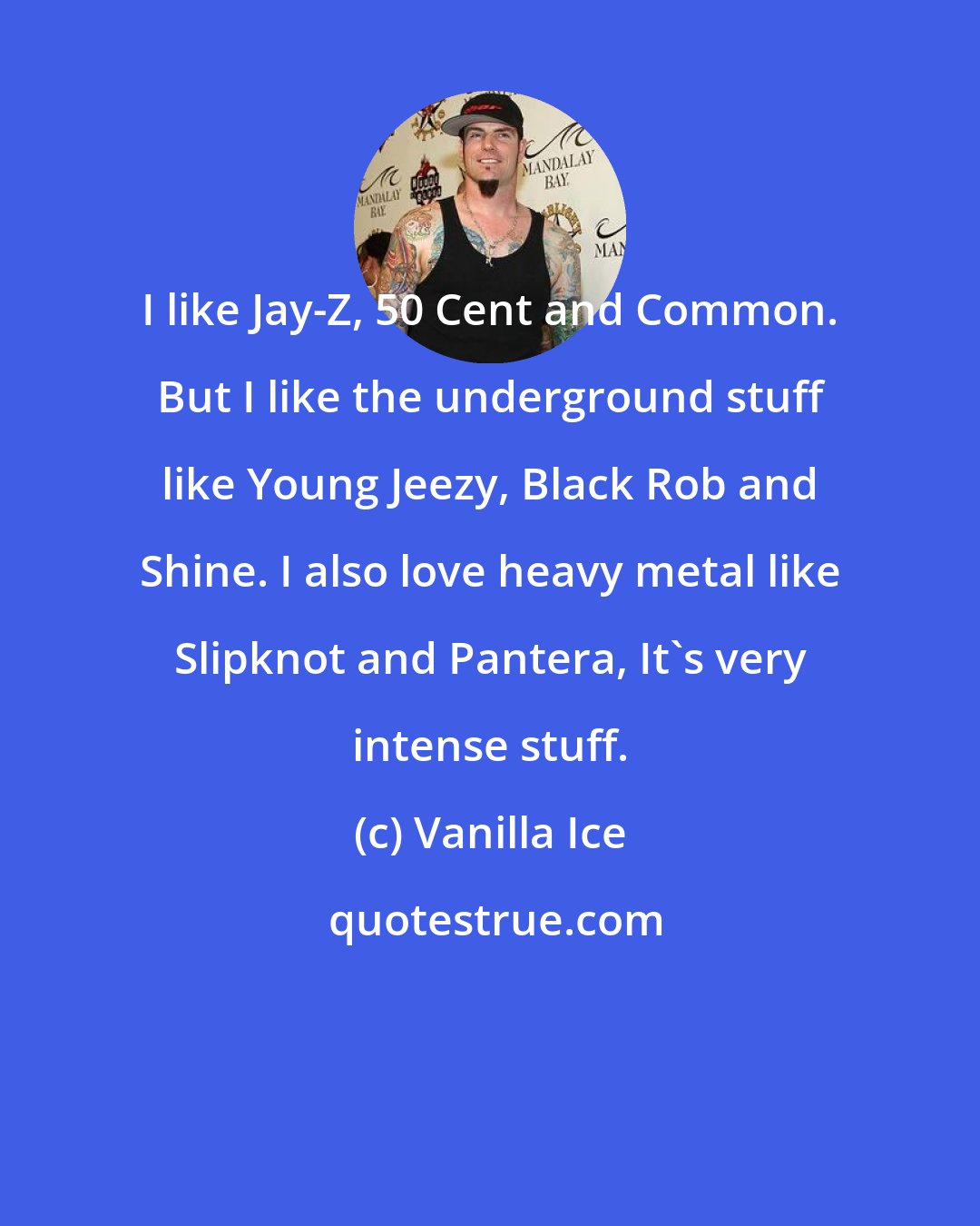 Vanilla Ice: I like Jay-Z, 50 Cent and Common. But I like the underground stuff like Young Jeezy, Black Rob and Shine. I also love heavy metal like Slipknot and Pantera, It's very intense stuff.