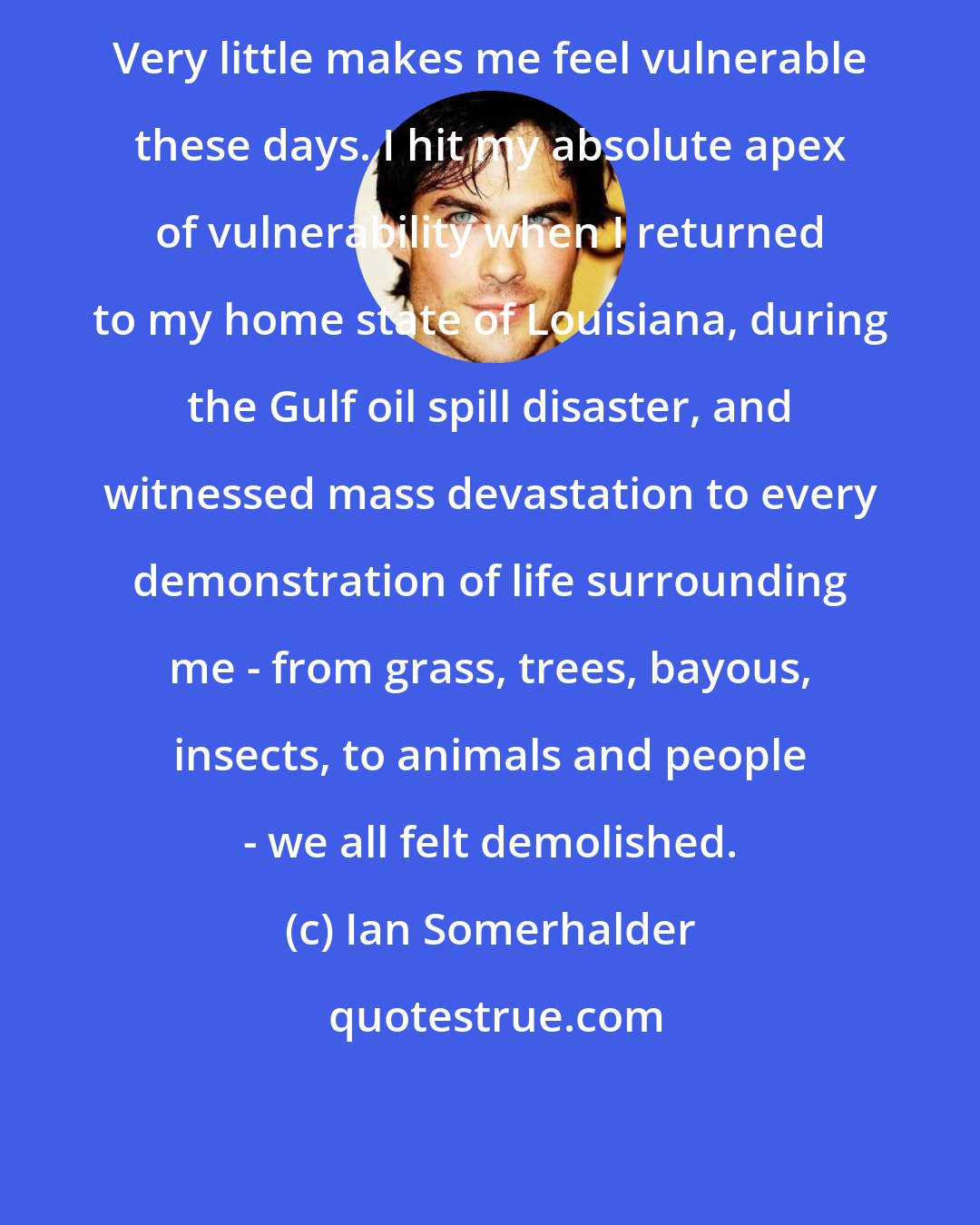 Ian Somerhalder: Very little makes me feel vulnerable these days. I hit my absolute apex of vulnerability when I returned to my home state of Louisiana, during the Gulf oil spill disaster, and witnessed mass devastation to every demonstration of life surrounding me - from grass, trees, bayous, insects, to animals and people - we all felt demolished.