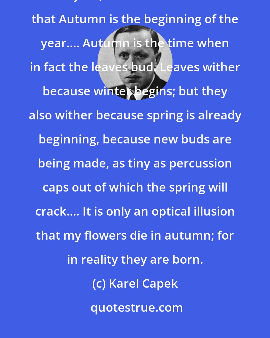Karel Capek: While we only look at Nature it is fair to say that Autumn is the end of the year; but it is still more true that Autumn is the beginning of the year.... Autumn is the time when in fact the leaves bud. Leaves wither because winter begins; but they also wither because spring is already beginning, because new buds are being made, as tiny as percussion caps out of which the spring will crack.... It is only an optical illusion that my flowers die in autumn; for in reality they are born.