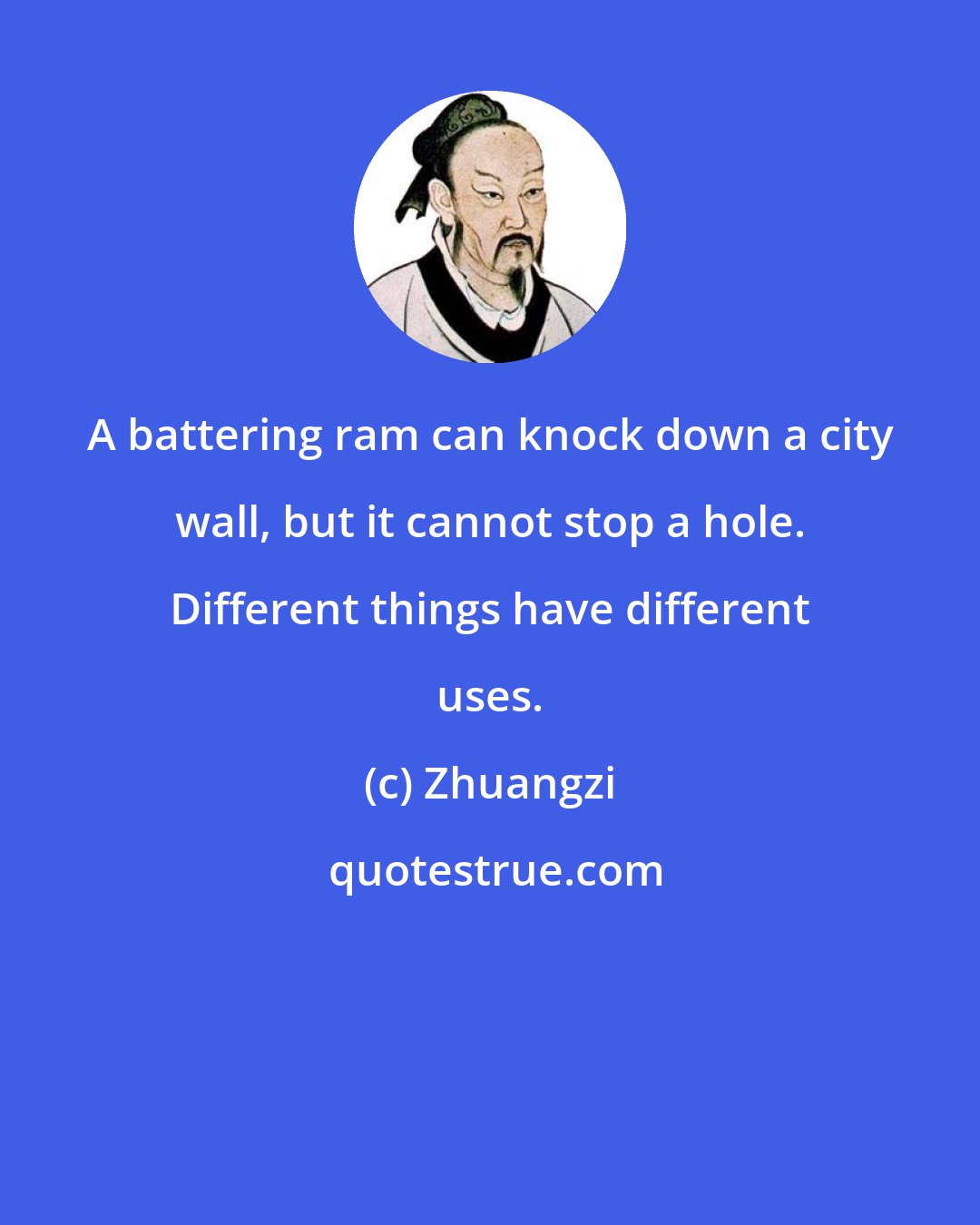 Zhuangzi: A battering ram can knock down a city wall, but it cannot stop a hole. Different things have different uses.