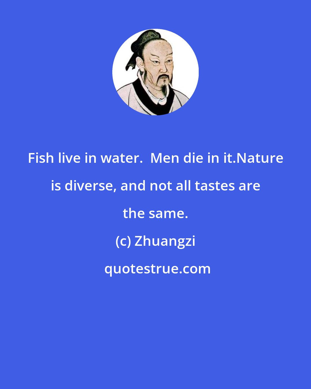 Zhuangzi: Fish live in water.  Men die in it.Nature is diverse, and not all tastes are the same.