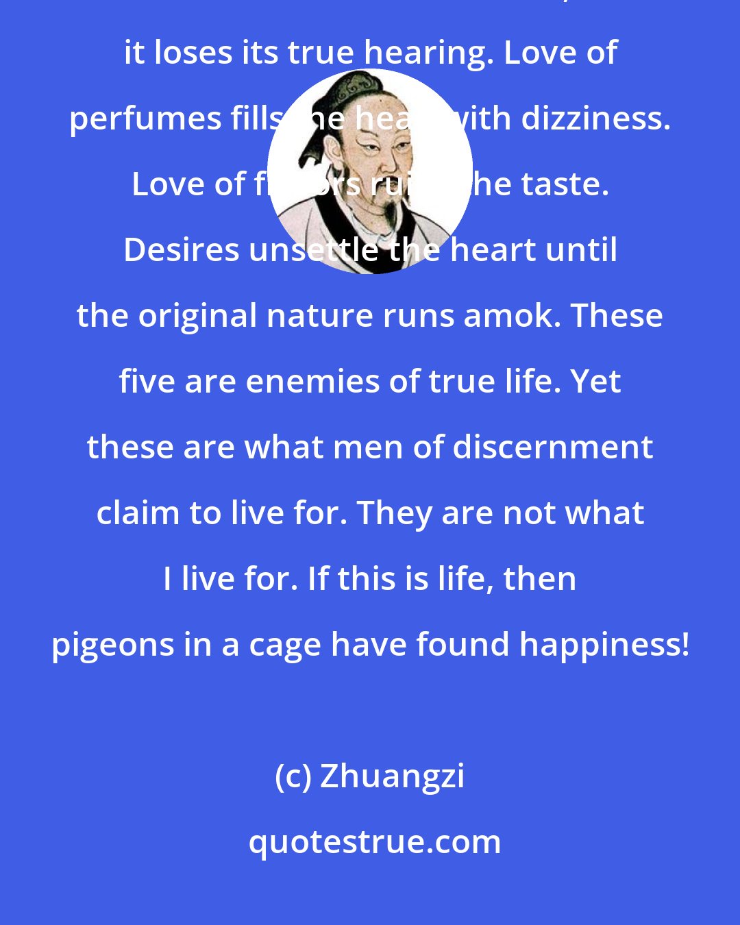 Zhuangzi: Love of colors bewilders the eye and it fails to see right. Love of harmonies bewitches the ear, and it loses its true hearing. Love of perfumes fills the head with dizziness. Love of flavors ruins the taste. Desires unsettle the heart until the original nature runs amok. These five are enemies of true life. Yet these are what men of discernment claim to live for. They are not what I live for. If this is life, then pigeons in a cage have found happiness!