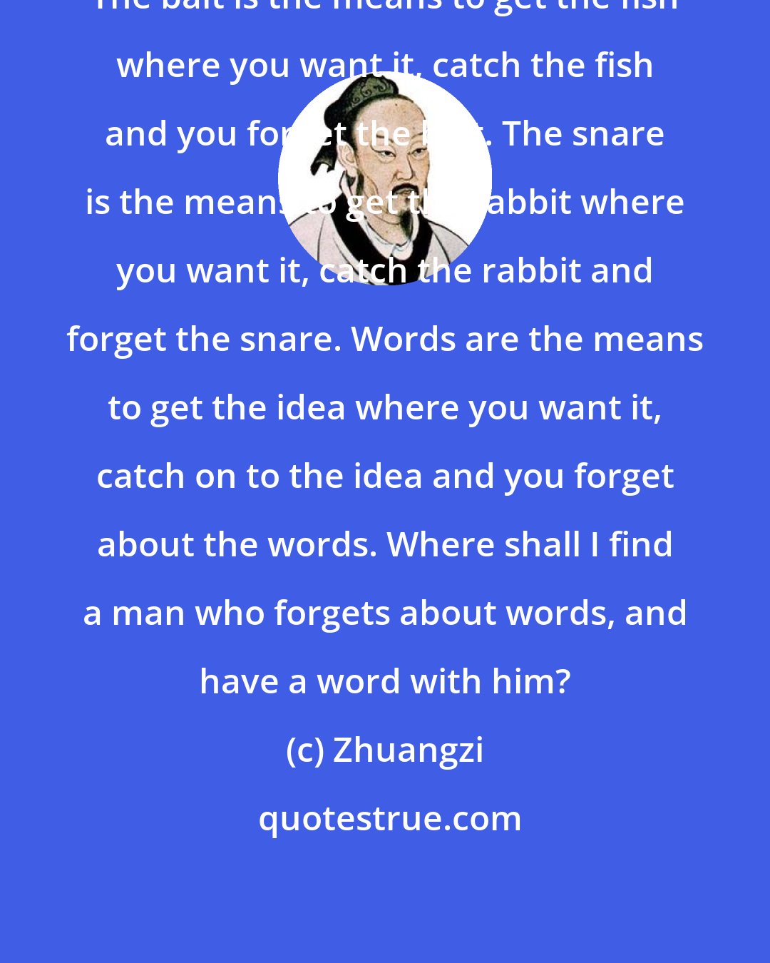 Zhuangzi: The bait is the means to get the fish where you want it, catch the fish and you forget the bait. The snare is the means to get the rabbit where you want it, catch the rabbit and forget the snare. Words are the means to get the idea where you want it, catch on to the idea and you forget about the words. Where shall I find a man who forgets about words, and have a word with him?