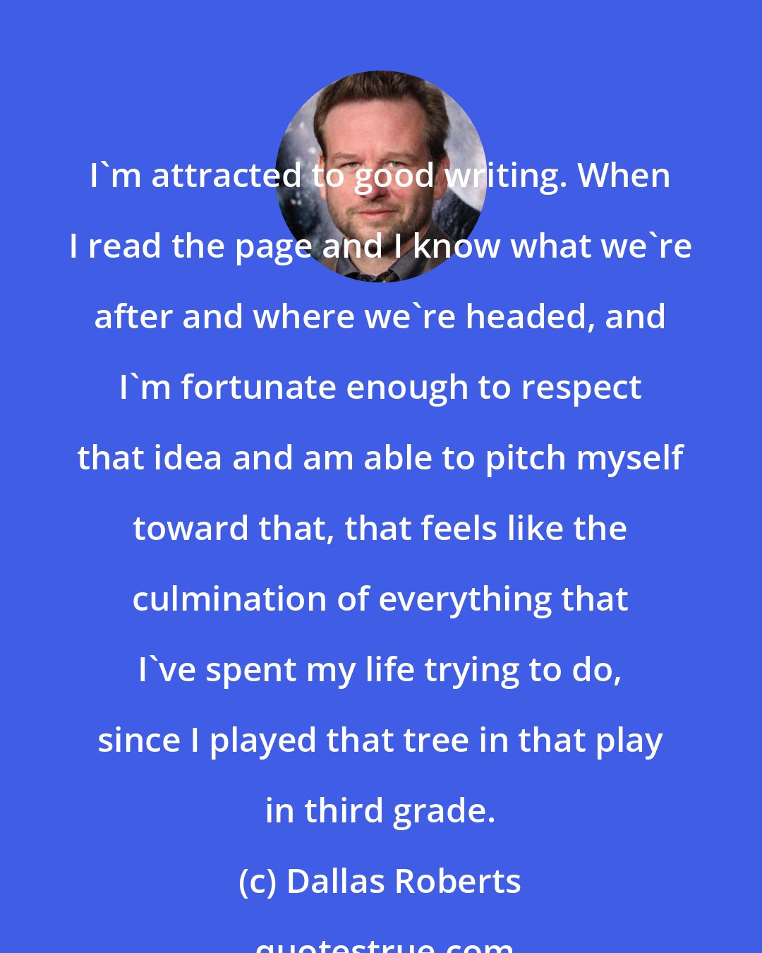 Dallas Roberts: I'm attracted to good writing. When I read the page and I know what we're after and where we're headed, and I'm fortunate enough to respect that idea and am able to pitch myself toward that, that feels like the culmination of everything that I've spent my life trying to do, since I played that tree in that play in third grade.