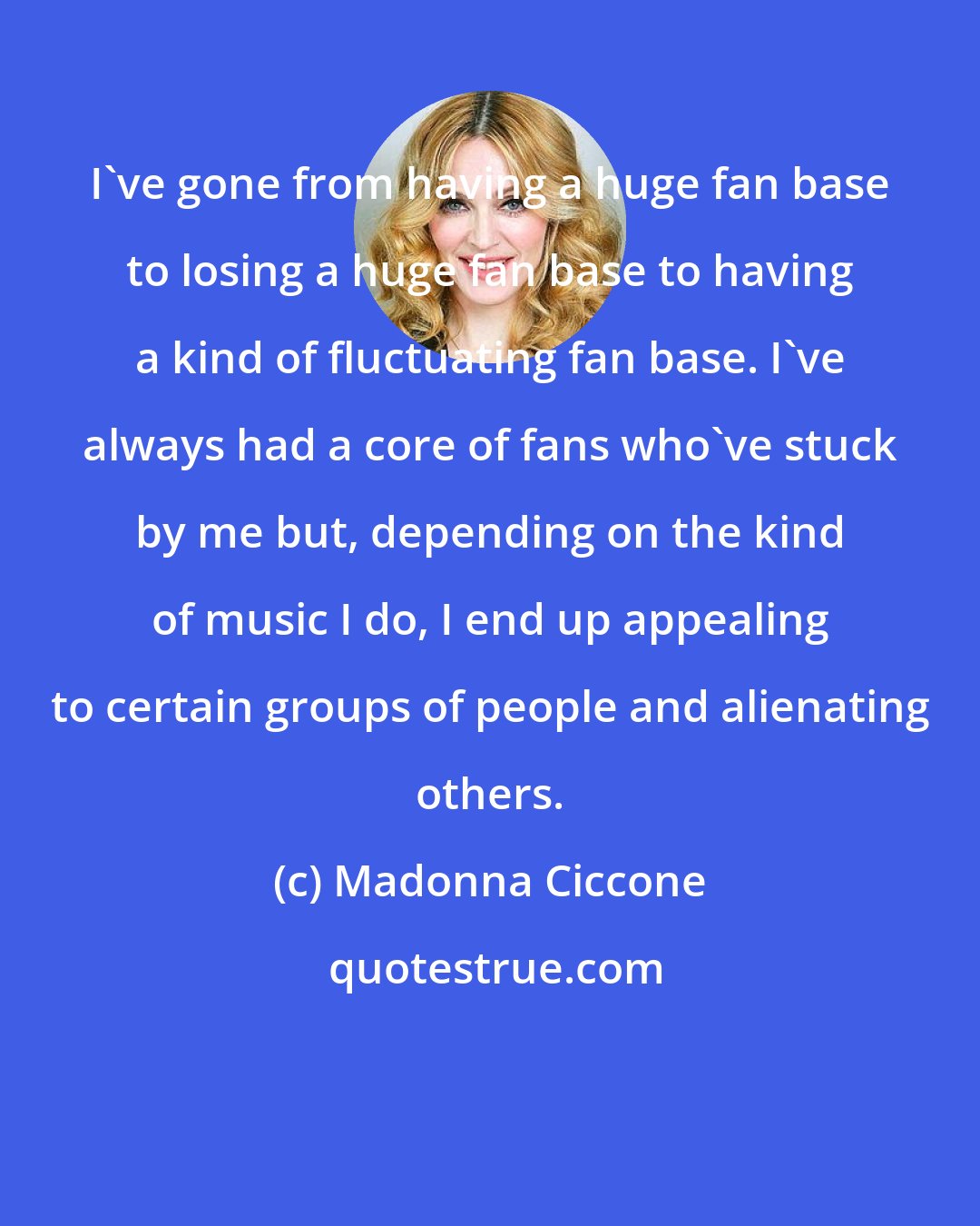 Madonna Ciccone: I've gone from having a huge fan base to losing a huge fan base to having a kind of fluctuating fan base. I've always had a core of fans who've stuck by me but, depending on the kind of music I do, I end up appealing to certain groups of people and alienating others.