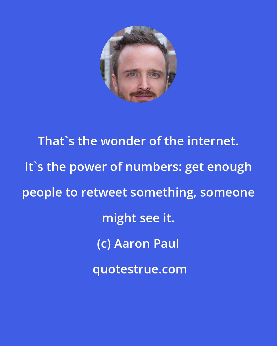 Aaron Paul: That's the wonder of the internet. It's the power of numbers: get enough people to retweet something, someone might see it.