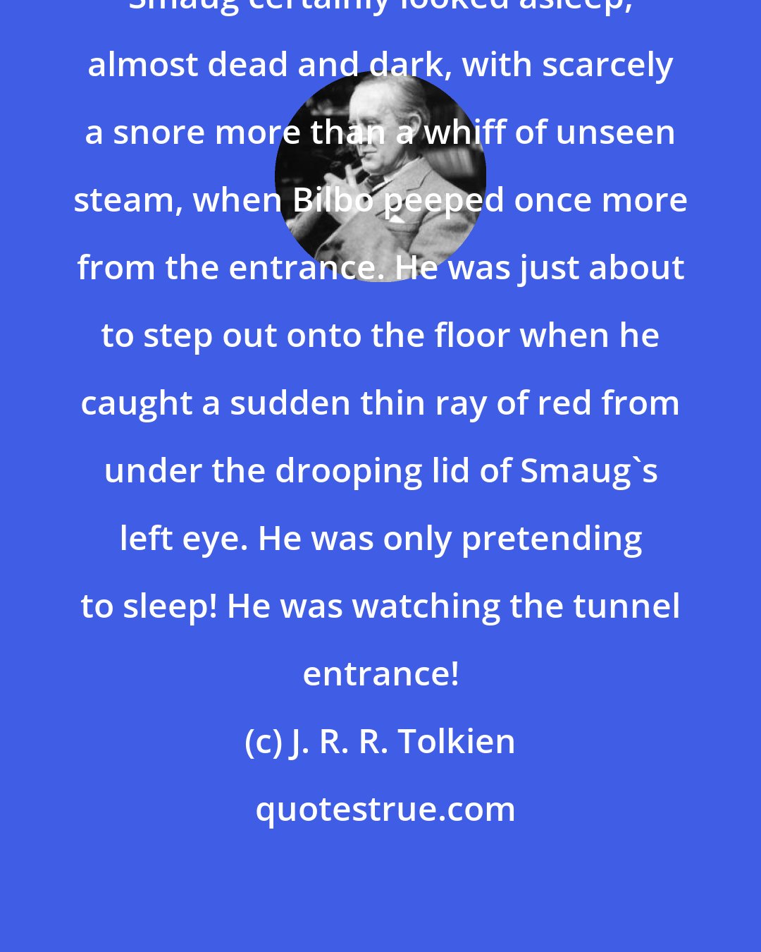 J. R. R. Tolkien: Smaug certainly looked asleep, almost dead and dark, with scarcely a snore more than a whiff of unseen steam, when Bilbo peeped once more from the entrance. He was just about to step out onto the floor when he caught a sudden thin ray of red from under the drooping lid of Smaug's left eye. He was only pretending to sleep! He was watching the tunnel entrance!