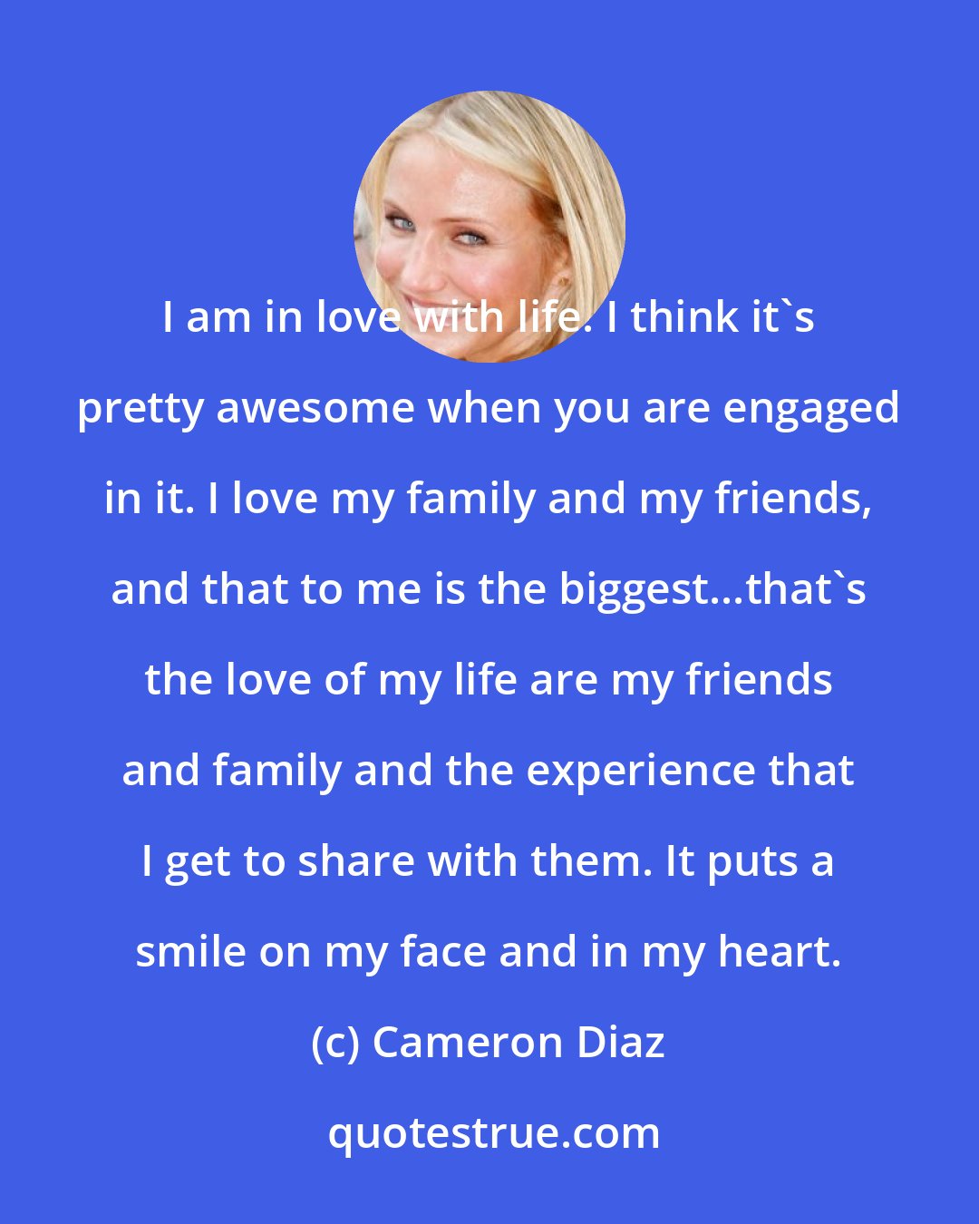 Cameron Diaz: I am in love with life. I think it's pretty awesome when you are engaged in it. I love my family and my friends, and that to me is the biggest...that's the love of my life are my friends and family and the experience that I get to share with them. It puts a smile on my face and in my heart.