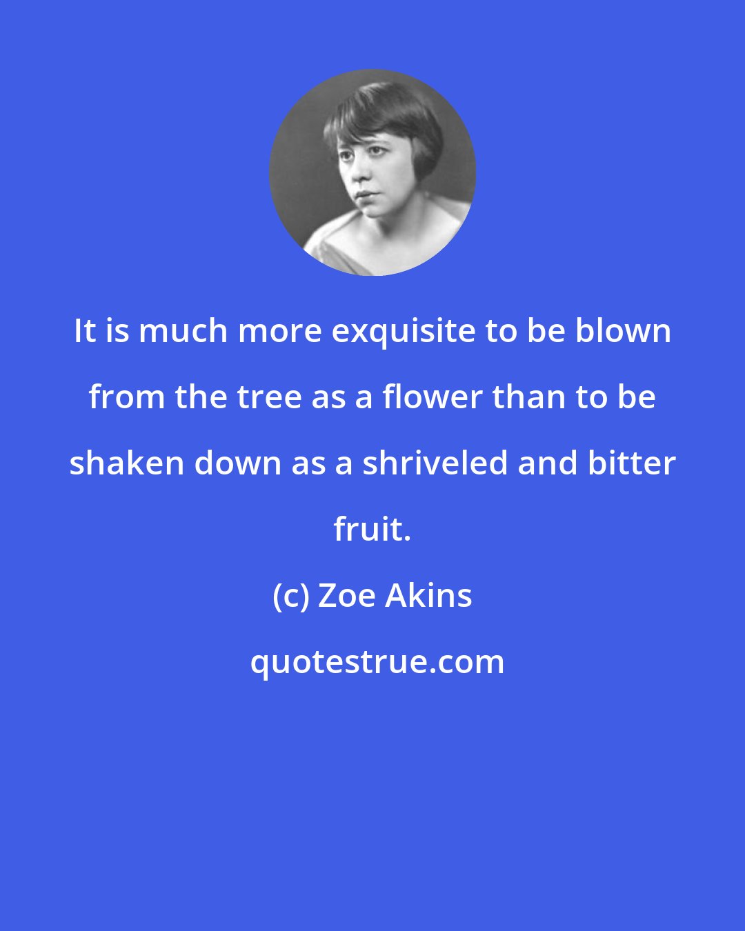 Zoe Akins: It is much more exquisite to be blown from the tree as a flower than to be shaken down as a shriveled and bitter fruit.