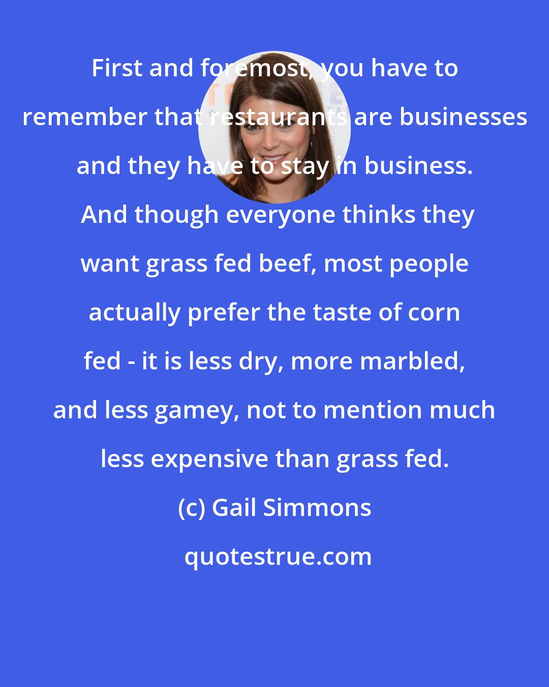 Gail Simmons: First and foremost, you have to remember that restaurants are businesses and they have to stay in business.  And though everyone thinks they want grass fed beef, most people actually prefer the taste of corn fed - it is less dry, more marbled, and less gamey, not to mention much less expensive than grass fed.