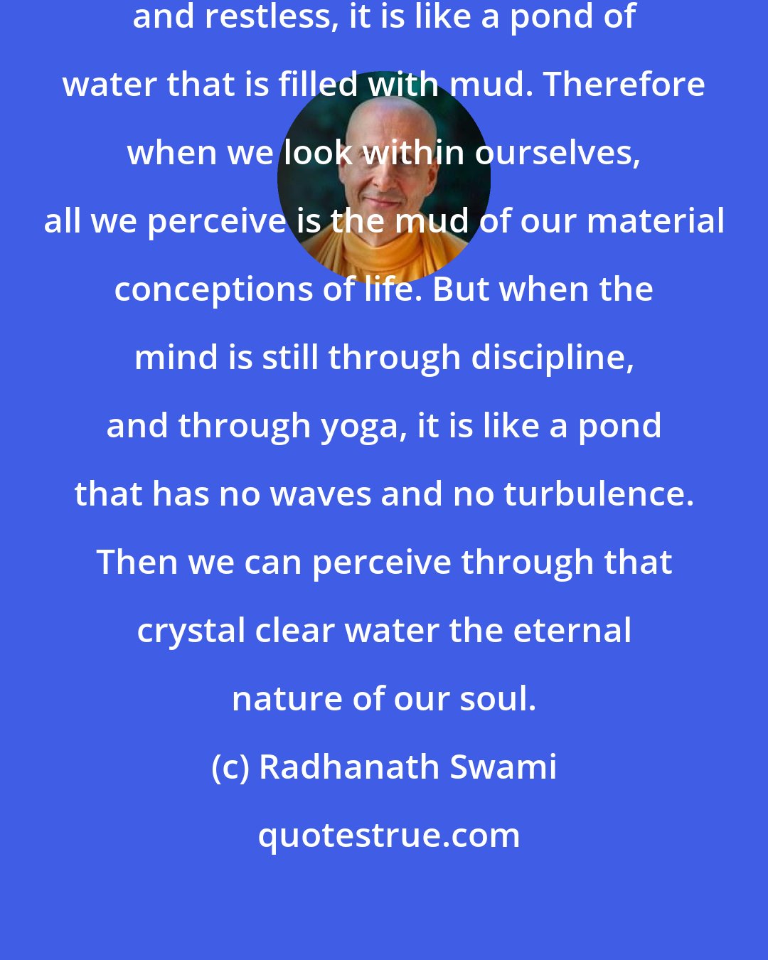 Radhanath Swami: When the mind is turbulent, uncontrolled and restless, it is like a pond of water that is filled with mud. Therefore when we look within ourselves, all we perceive is the mud of our material conceptions of life. But when the mind is still through discipline, and through yoga, it is like a pond that has no waves and no turbulence. Then we can perceive through that crystal clear water the eternal nature of our soul.